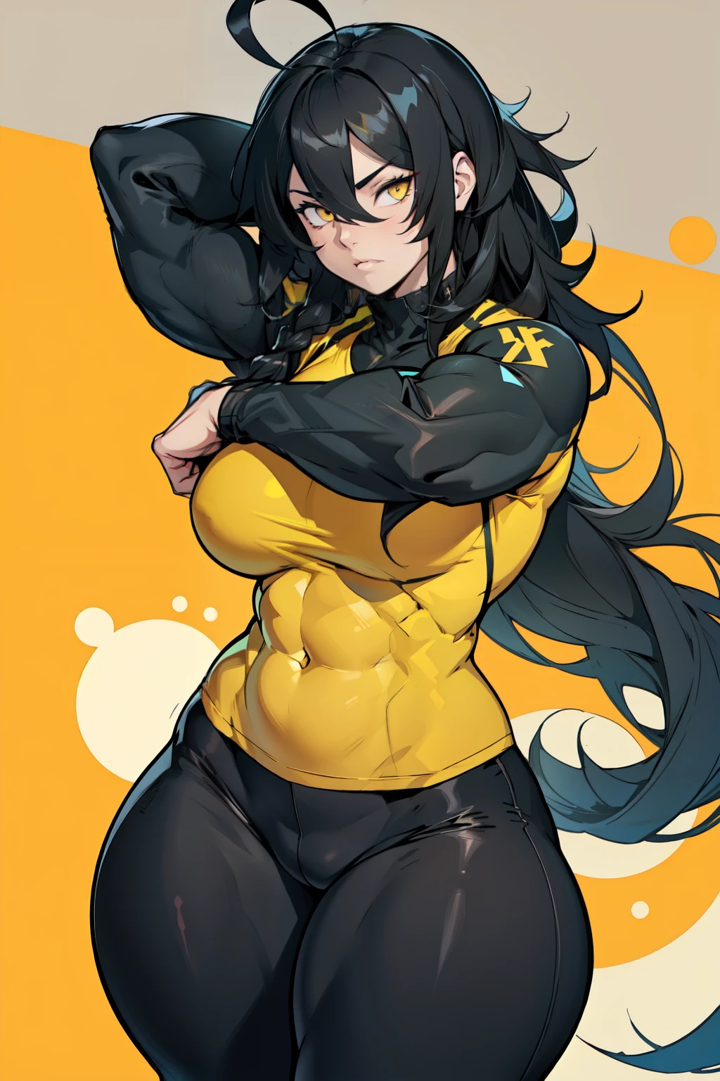 girl ((((muscular 1girl)))) ((((thick thighs toned body)))) (pale skin) black hair yellow eyes very long hair long sleeve tight t-shirt tight pants (sidelocks huge ahoge)