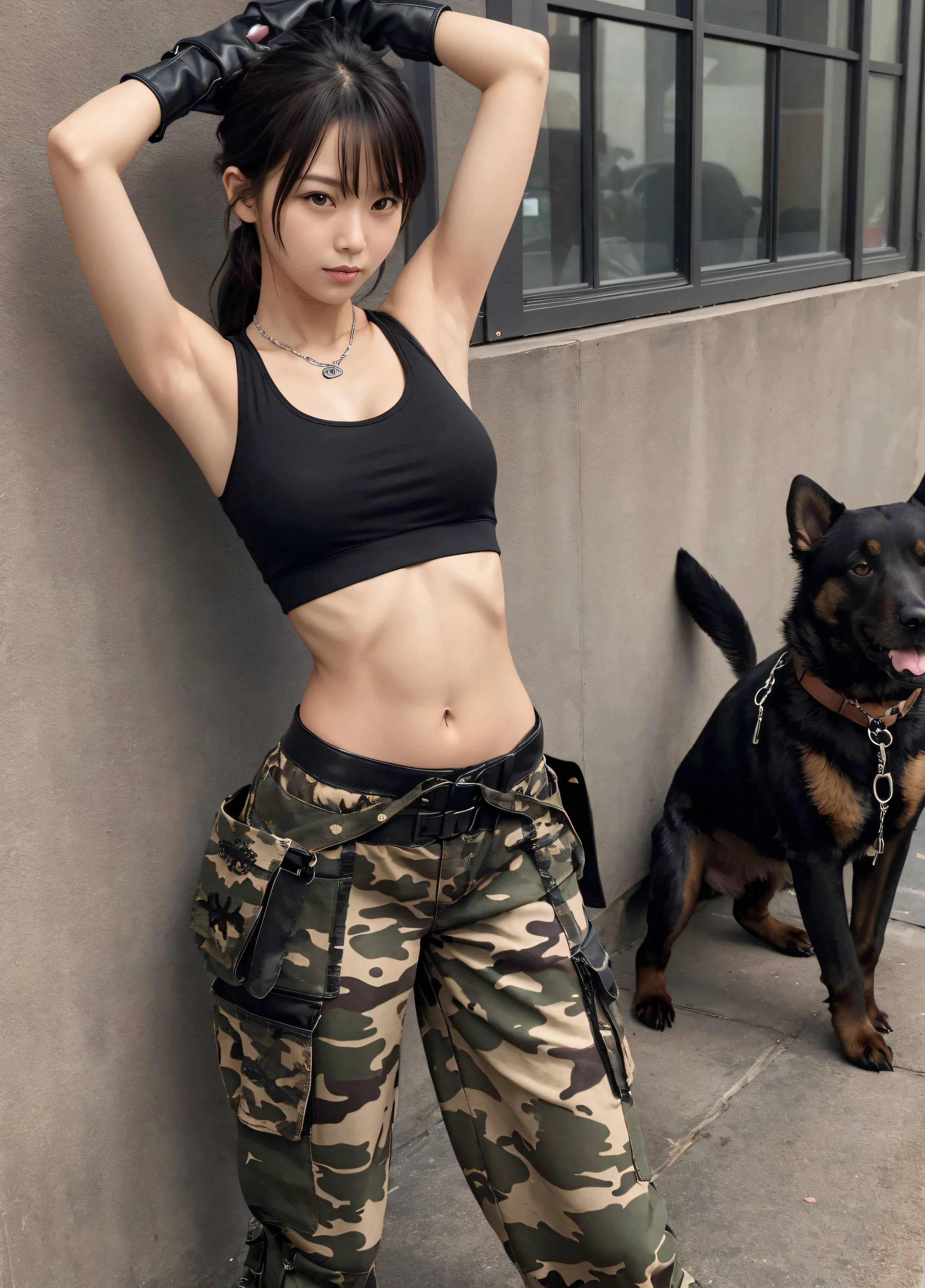 ​masterpiece,top-quality,highr,1girl in,BREAK (black theme:1.4), (black tank top:1.4), ((stomach, navel):1.3), (abs:1.2), (bear arms:1.2), (leather gloves:1.3), (combat boots:1.2),
BREAK (baggy camouflage pants:1.4), (clothes around waist:1.5), (dog-tag:1.3), (troops Insignia:1.3),