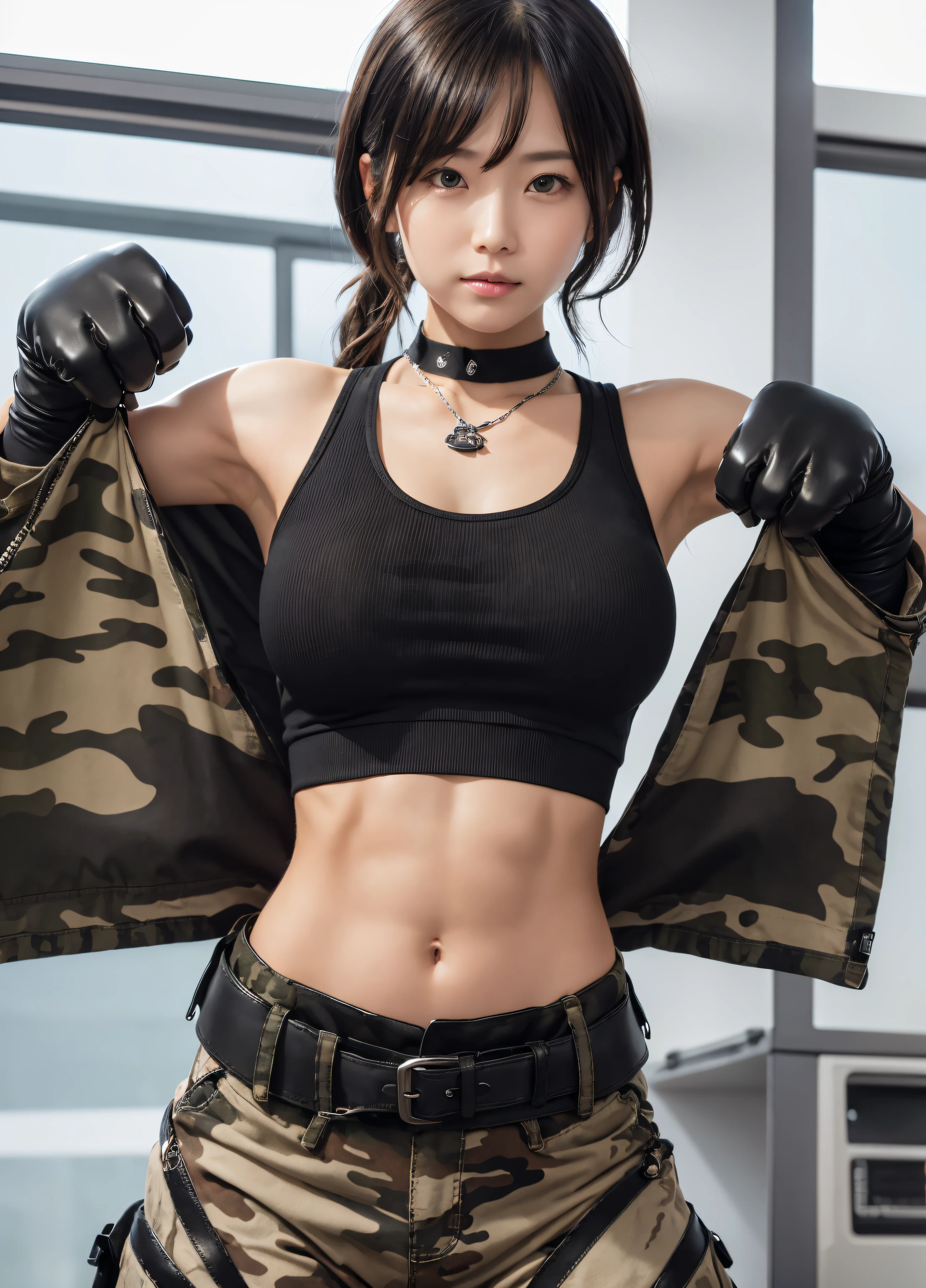 ​masterpiece,top-quality,highr,1girl in,BREAK (black theme:1.4), (black tank top:1.4), ((stomach, navel):1.3), (abs:1.2), (bear arms:1.2), (leather gloves:1.3), (combat boots:1.2),
BREAK (baggy camouflage pants:1.4), (clothes around waist:1.5), (dog-tag:1.3), (troops Insignia:1.3),