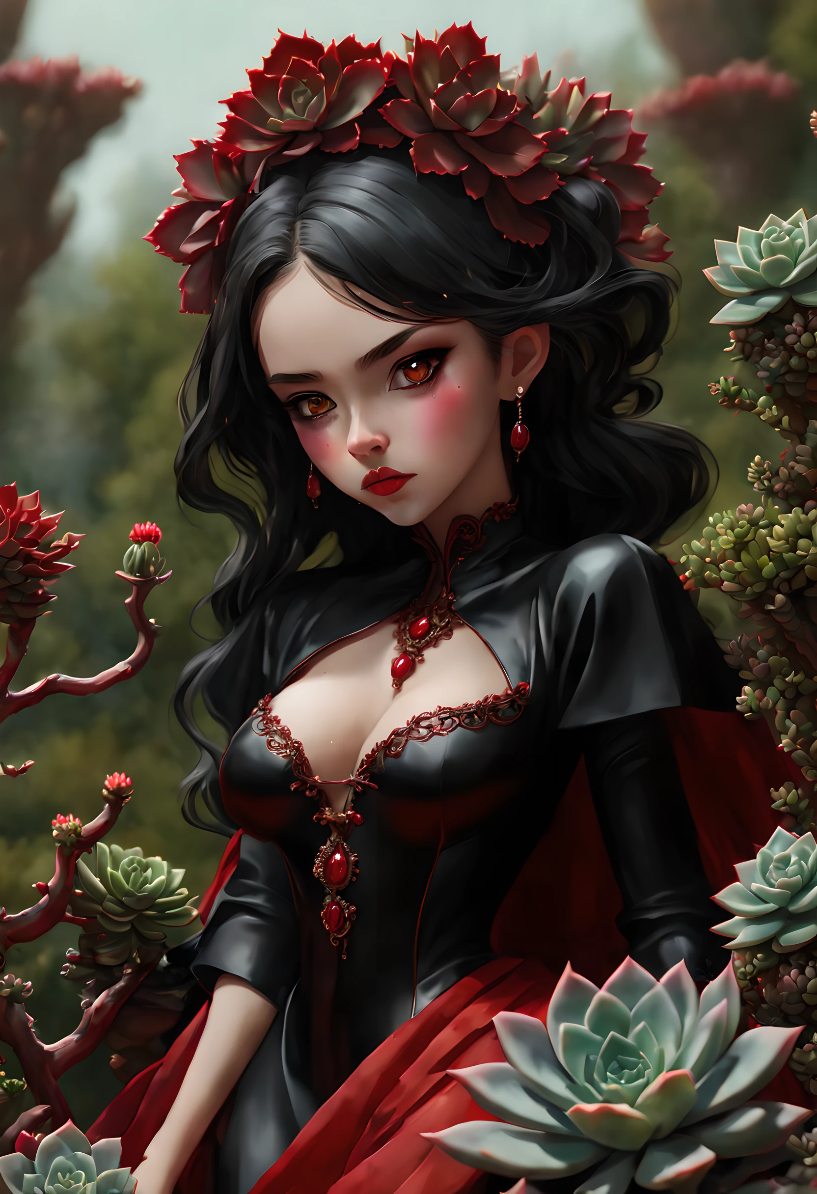 picture of a vampire woman resting in a (black:1.2) and (red:1.2) colored succulents meadow, full body, an exquisite beautiful (ultra detailed, Masterpiece, best quality: 1.4) female vampire woman, dynamic angle (best detailed, Masterpiece, best quality), ultra detailed face (ultra detailed, Masterpiece, best quality), ultra feminine, grey skin, blond hair, wavy hair, dynamic eyes color, cold eyes, glowing eyes, intense eyes, dark red lips, [fangs], wearing white dress, elegant style dress (ultra detailed, Masterpiece, best quality), wearing blue cloak (ultra detailed, Masterpiece, best quality), long cloak, flowing cloak (ultra detailed, Masterpiece, best quality), wearing high heeled boots, resting in (black and red colored succulents meadow: 1.6), succulents dripping blood, full colored, (perfect spectrum: 1.3),( vibrant work: 1.4) vibrant shades of red, and black) moon rising, moon light, its night time, high details, fantasy art, RPG art best quality, 16k, [ultra detailed], masterpiece, best quality, (ultra detailed), full body, ultra wide shot, photorealistic, zrpgstyle