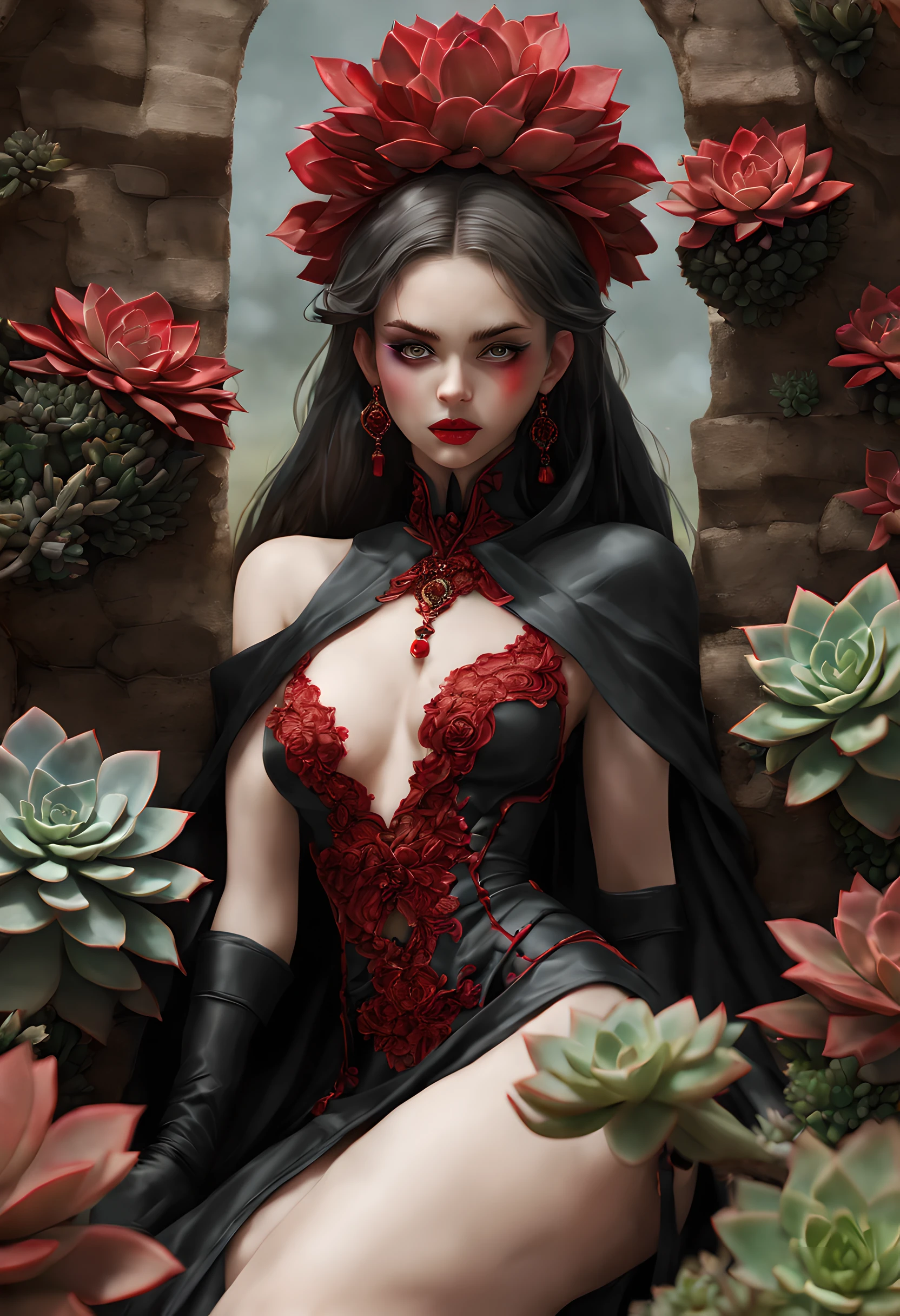 picture of a vampire woman resting in a (black:1.2) and (red:1.2) colored succulents meadow, full body, an exquisite beautiful (ultra detailed, Masterpiece, best quality: 1.4) female vampire woman, dynamic angle (best detailed, Masterpiece, best quality), ultra detailed face (ultra detailed, Masterpiece, best quality), ultra feminine, grey skin, blond hair, wavy hair, dynamic eyes color, cold eyes, glowing eyes, intense eyes, dark red lips, [fangs], wearing white dress, elegant style dress (ultra detailed, Masterpiece, best quality), wearing blue cloak (ultra detailed, Masterpiece, best quality), long cloak, flowing cloak (ultra detailed, Masterpiece, best quality), wearing high heeled boots, resting in (black and red colored succulents meadow: 1.6), succulents dripping blood, full colored, (perfect spectrum: 1.3),( vibrant work: 1.4) vibrant shades of red, and black) moon rising, moon light, its night time, high details, fantasy art, RPG art best quality, 16k, [ultra detailed], masterpiece, best quality, (ultra detailed), full body, ultra wide shot, photorealistic, zrpgstyle