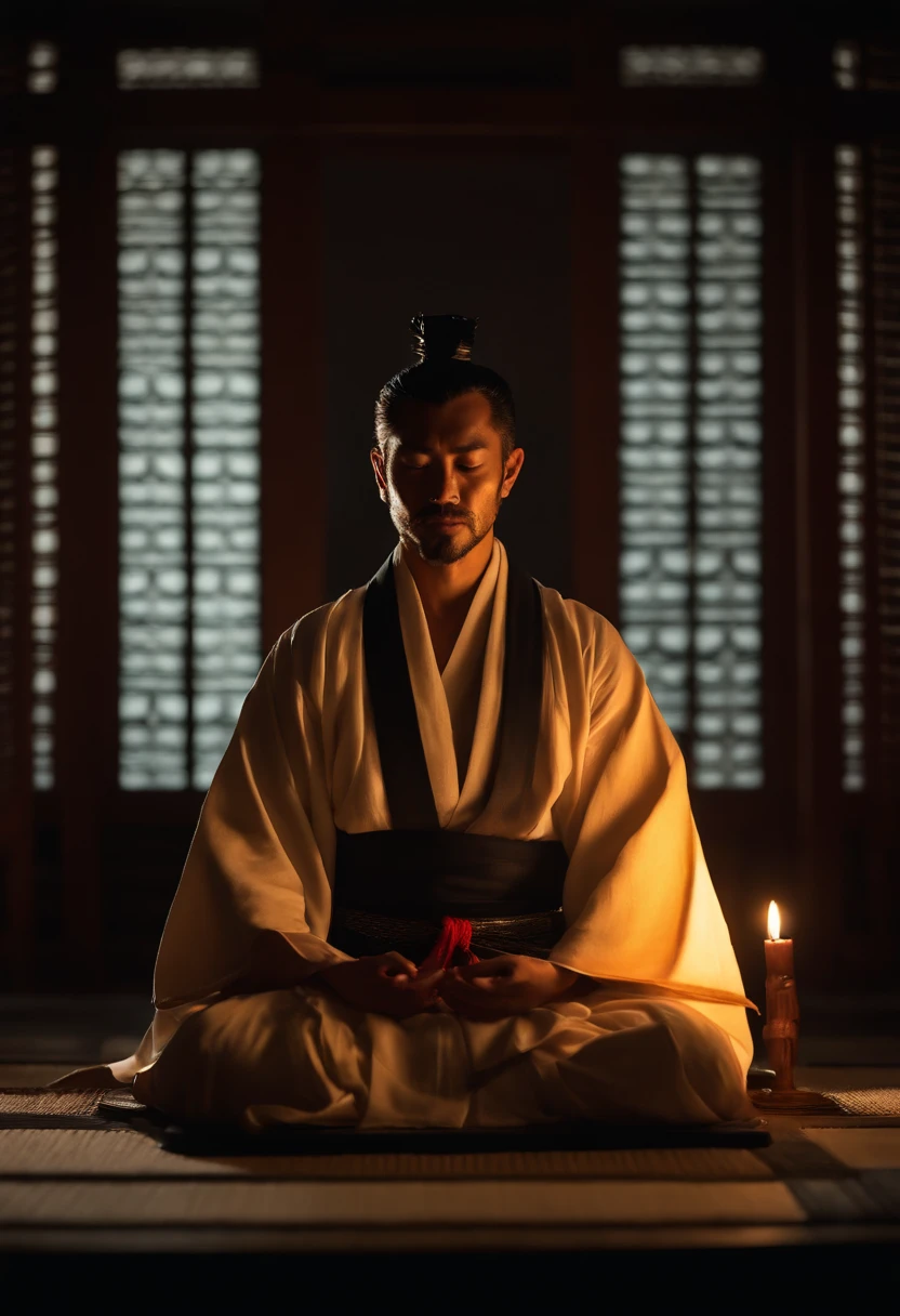Samurai: Man meditating in a dark room by candlelight, Las velas iluminando el ambiente (obra-prima) (8K High Resolution) (mejor calidad) (Ultra Definition) (ultra realista)(foto RAW) (foto realista) (bright illumination)