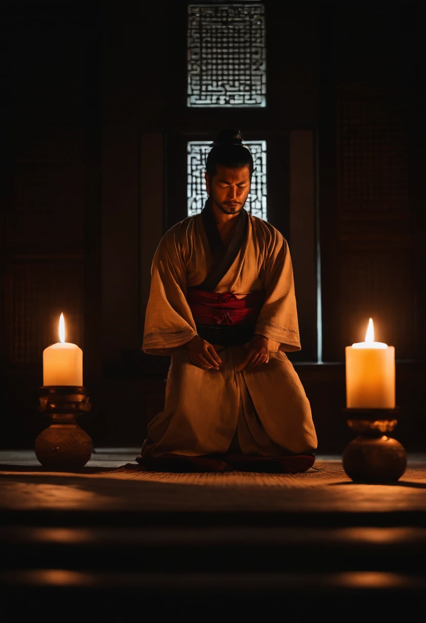 Samurai: Man meditating in a dark room by candlelight, Las velas iluminando el ambiente (obra-prima) (8K High Resolution) (mejor calidad) (Ultra Definition) (ultra realista)(foto RAW) (foto realista) (bright illumination)