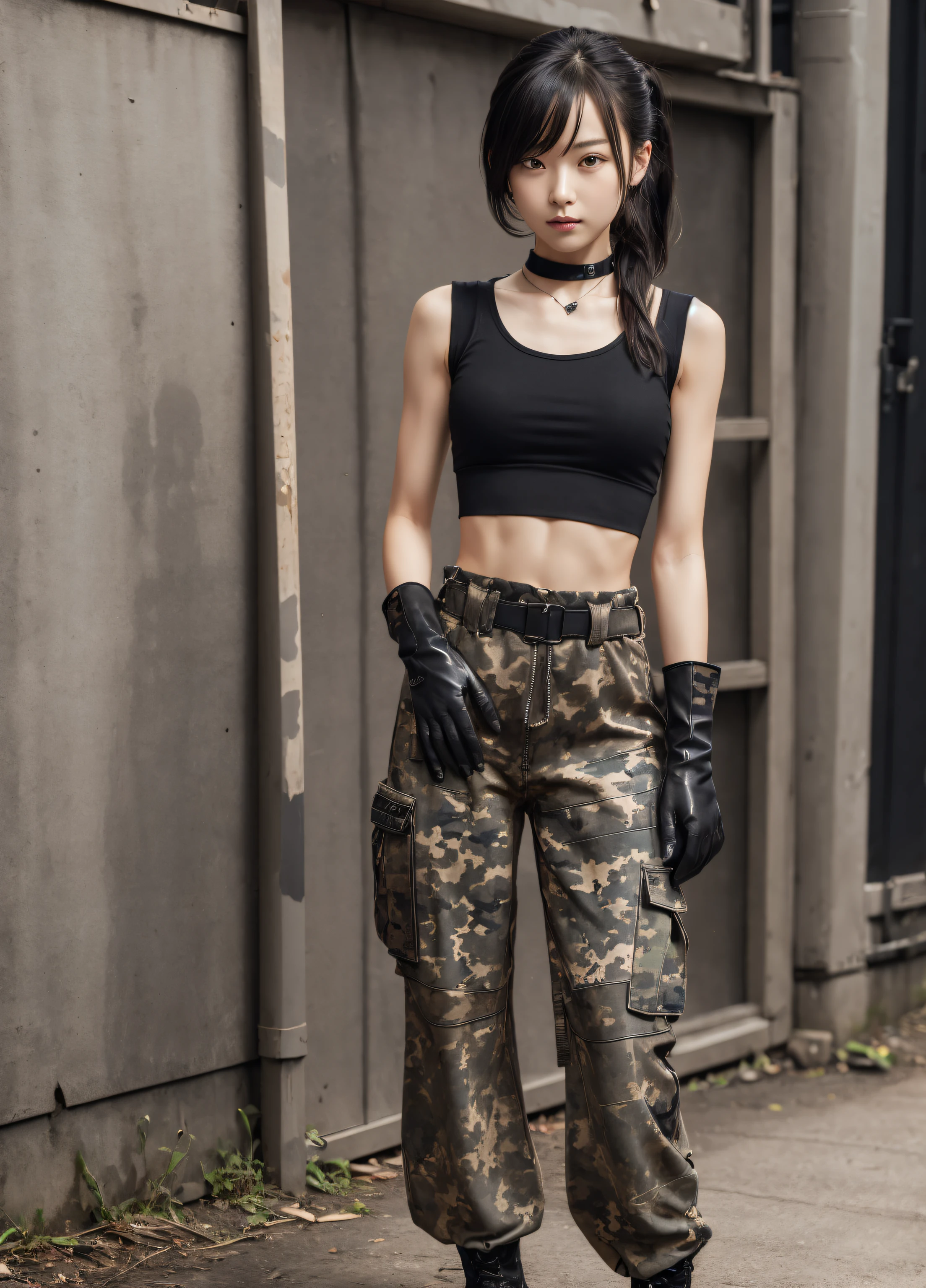 masterpiece,top-quality,highr,1girl in,BREAK (Black theme:1.4), (Black tank top:1.4), ((Stomach, Navel):1.3), (Abs:1.2), (barearms:1.2), (Leather gloves:1.3), (Combat boots:1.2),
BREAK (baggy camouflage pants:1.4), (clothes around waist:1.5), (dog tag:1.3), (military insignia:1.3),