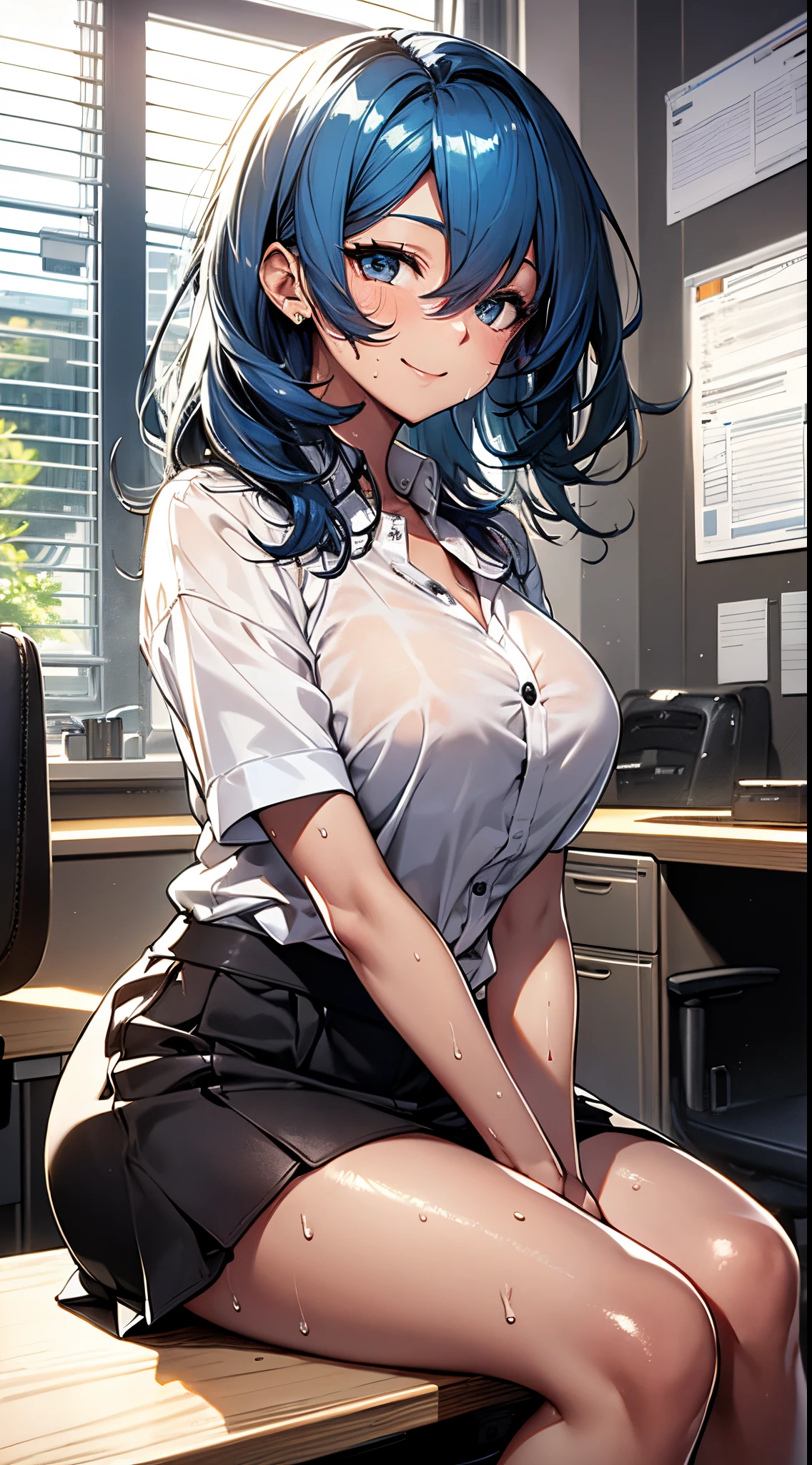 top-quality、supreme1People Girls,hightquality,, ((masuter piece)), ((High resolution)), ((Best Quality)), detail, (cum faced、Excited face.Very happy,), ((Skin shiny with sweat)), OL:1.4、(white shirt:1.2、Black tight skirt)、 girl with, lightblue hair, (Straight、Bangs Patsun)、sit on desk、fair white skin:1.3、、Colossal tits, cinmatic lighting, perfectly shaded,(((s Office))), Realistic lighting with shades,