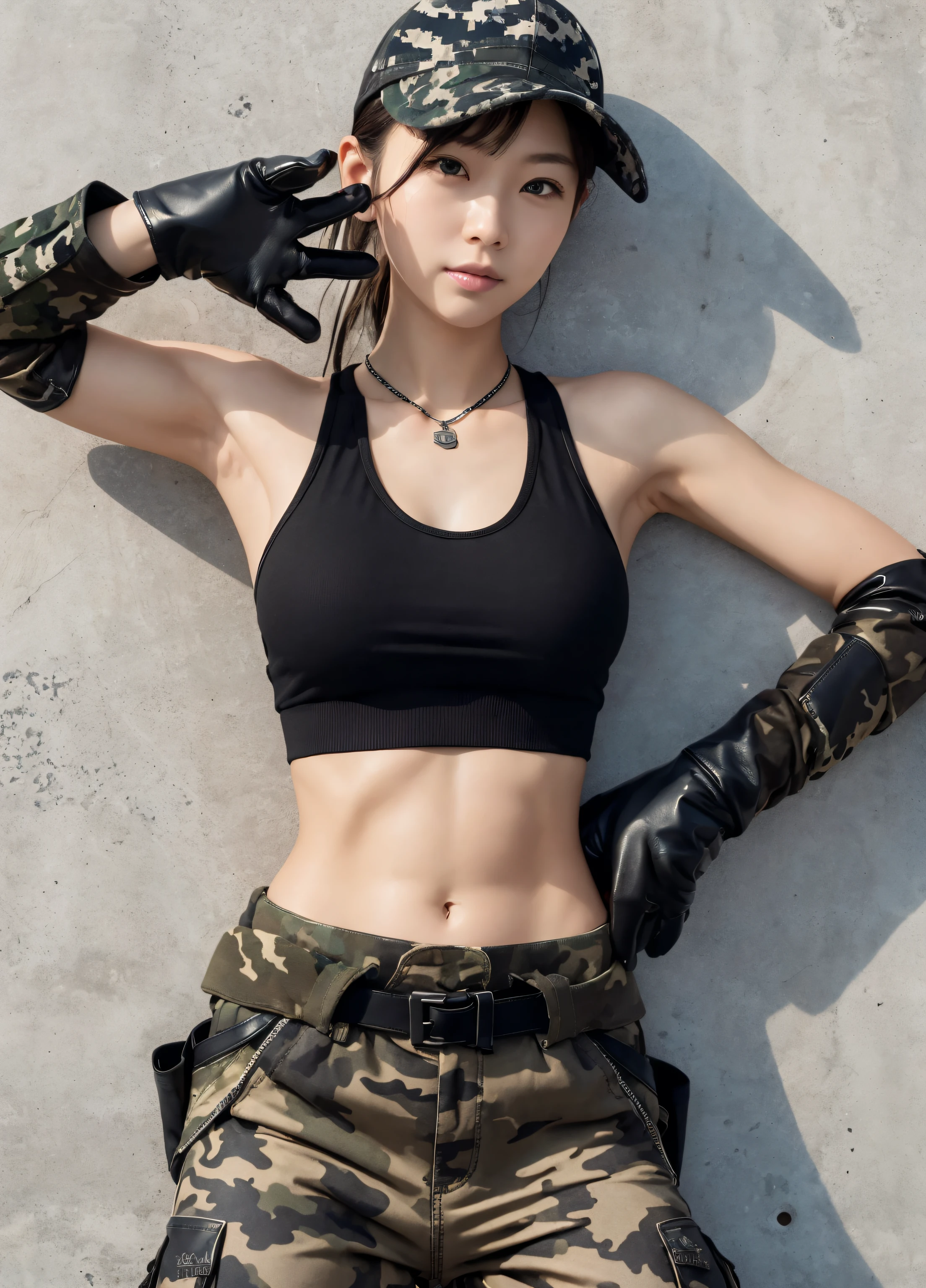 ​masterpiece,top-quality,highr,1girl in,BREAK (Black theme:1.4), (Black tank top:1.4), ((Stomach, Navel):1.3), (Abs:1.2), (barearms:1.2), (Leather gloves:1.3), (Combat boots:1.2),
BREAK (baggy camouflage pants:1.4), (clothes around waist:1.5), (dog tag:1.3), (military insignia:1.3),