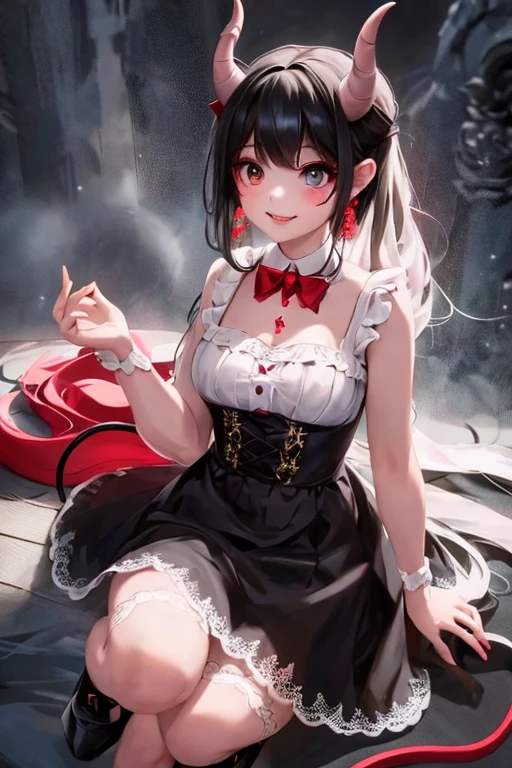 a (horned demon girl) smiling, wearing a lace cloth dress, black hair, red smokey eyes makeup, hair bow, tights, pumps, choke, earrings, dramatic magic floating pose, (full body),