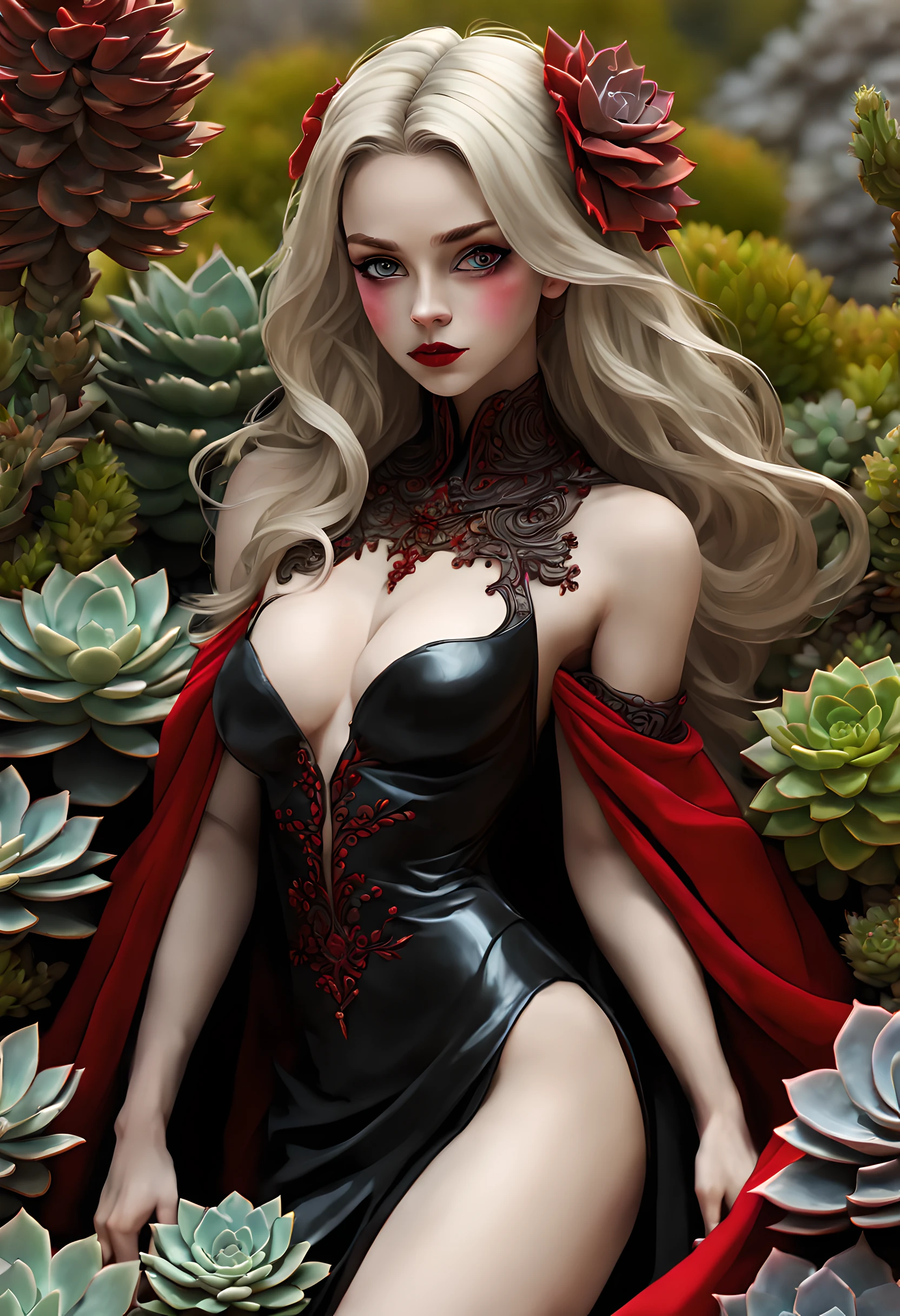 picture of a vampire woman resting in a (black:1.2) and (red:1.2) colored succulents meadow, full body, an exquisite beautiful (ultra detailed, Masterpiece, best quality: 1.4) female vampire woman, dynamic angle (best detailed, Masterpiece, best quality), ultra detailed face (ultra detailed, Masterpiece, best quality), ultra feminine, grey skin, blond hair, wavy hair, dynamic eyes color, cold eyes, glowing eyes, intense eyes, dark red lips, [fangs], wearing white dress, elegant style dress (ultra detailed, Masterpiece, best quality), wearing blue cloak (ultra detailed, Masterpiece, best quality), long cloak, flowing cloak (ultra detailed, Masterpiece, best quality), wearing high heeled boots, resting in (black and red colored succulents meadow: 1.6), succulents dripping blood, full colored, (perfect spectrum: 1.3),( vibrant work: 1.4) vibrant shades of red, and black) moon rising, moon light, its night time, high details, fantasy art, RPG art best quality, 16k, [ultra detailed], masterpiece, best quality, (ultra detailed), full body, ultra wide shot, photorealistic, guild wars