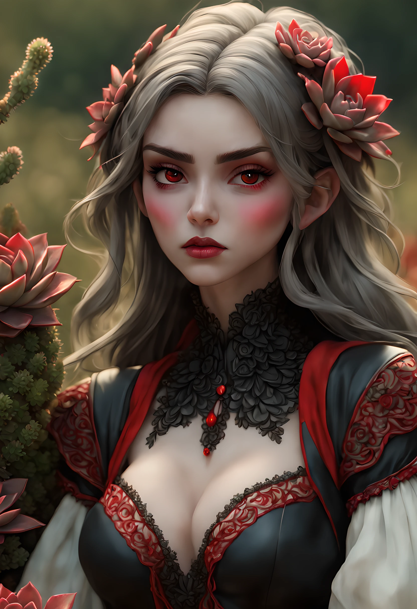 picture of a vampire woman resting in a (black:1.2) and (red:1.2) colored succulents meadow, full body, an exquisite beautiful (ultra detailed, Masterpiece, best quality: 1.4) female vampire woman, dynamic angle (best detailed, Masterpiece, best quality), ultra detailed face (ultra detailed, Masterpiece, best quality), ultra feminine, grey skin, blond hair, wavy hair, dynamic eyes color, cold eyes, glowing eyes, intense eyes, dark red lips, [fangs], wearing white dress, elegant style dress (ultra detailed, Masterpiece, best quality), wearing blue cloak (ultra detailed, Masterpiece, best quality), long cloak, flowing cloak (ultra detailed, Masterpiece, best quality), wearing high heeled boots, resting in (black and red colored succulents meadow: 1.6), succulents dripping blood, full colored, (perfect spectrum: 1.3),( vibrant work: 1.4) vibrant shades of red, and black) moon rising, moon light, its night time, high details, fantasy art, RPG art best quality, 16k, [ultra detailed], masterpiece, best quality, (ultra detailed), full body, ultra wide shot, photorealistic, guild wars