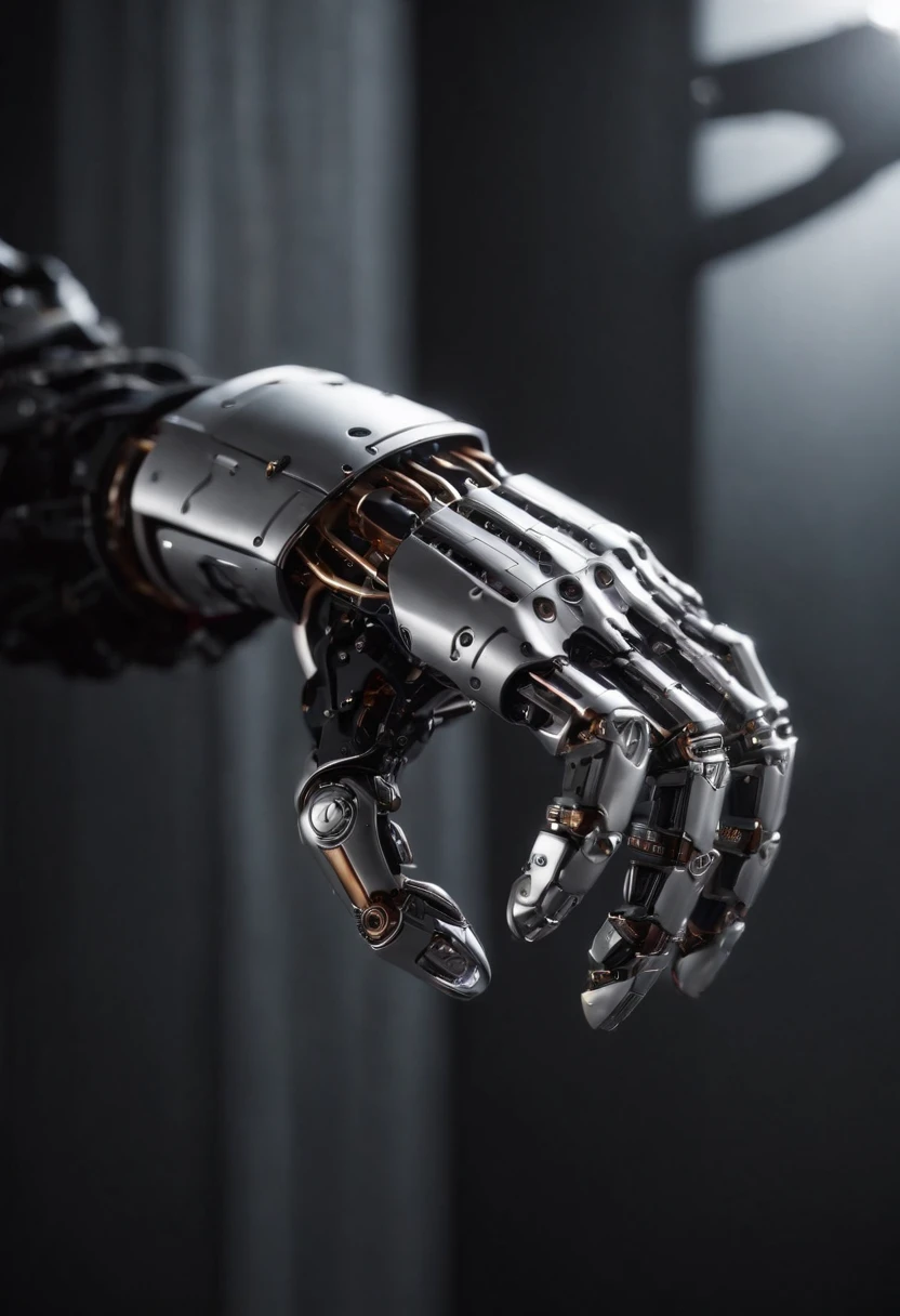Visualize a captivating image where the subject is a beautiful robotic hand, captured with an exquisite focus on intricate details and a shallow depth of field. Dive into extreme micro-details to emphasize the mechanical intricacies, sleek surfaces, and futuristic design of the robotic hand, set against a backdrop that exudes a sense of advanced technology and innovation.
Highlight the micro-details of the robotic hand, capturing the precision in its construction, the reflective surfaces, and the subtle variations in texture that define its futuristic aesthetics. Zoom in on elements like the play of light on metallic surfaces, the intricate joints, and the small details that contribute to the hand's technological allure.
Emphasize the shallow depth of field to bring the robotic hand into sharp focus while allowing the futuristic background to blur, creating a sense of depth and drawing attention to the advanced details of the subject. Utilize this technique to enhance the visual impact and highlight the contrast between the futuristic hand and its environment.
Consider the lighting to enhance the micro-details, using futuristic lighting sources to create a dynamic and visually appealing composition. Illuminate the robotic hand with a mix of ambient and artificial light, casting shadows that add depth and accentuate the futuristic elements.
Imagine the robotic hand in a graceful pose or engaged in a futuristic activity that adds narrative depth to the image. Craft an intimate yet high-tech scene that not only captures the micro-details of the robotic hand but also evokes a sense of innovation, sophistication, and the merging of human and machine.
This detailed prompt aims to inspire the creation of a highly detailed and macro-focused image featuring a beautiful robotic hand as the subject, with intricate details and a shallow depth of field against a futuristic background, creating a visually compelling and technologically advanced composition.