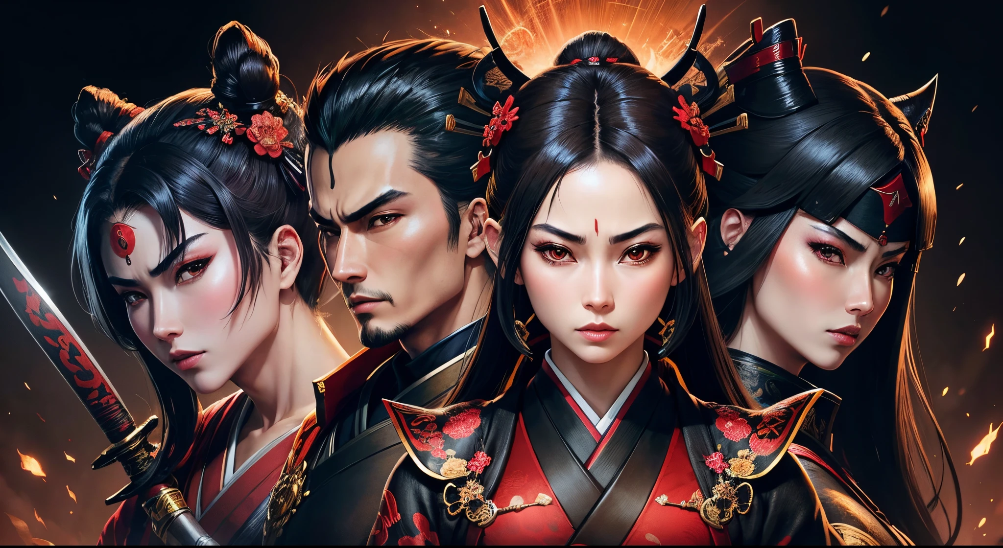Animation of a geisha Samurai Warriors 4 wearing a black kimono with a samurai holding a sword rich in ninja detail facing a dragon rich in highly defined details