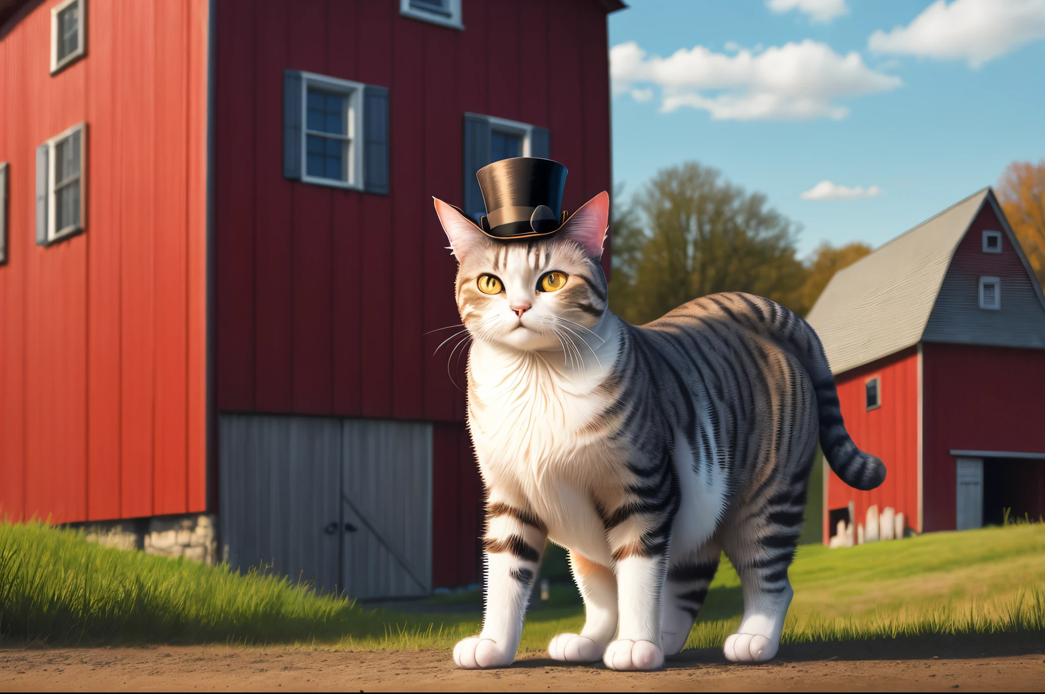 Cat in a top hat Infront a red barn