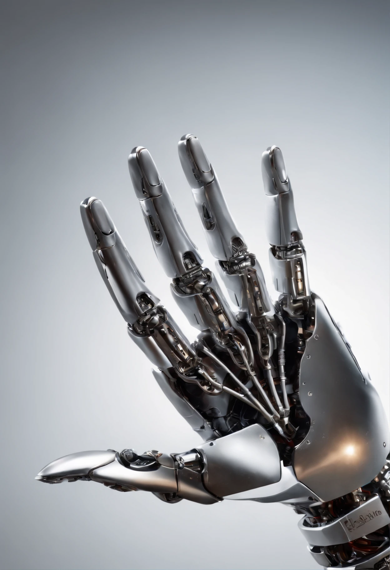 Visualize a captivating image where the subject is a beautiful robotic hand, captured with an exquisite focus on intricate details and a shallow depth of field. Dive into extreme micro-details to emphasize the mechanical intricacies, sleek surfaces, and futuristic design of the robotic hand, set against a backdrop that exudes a sense of advanced technology and innovation.
Highlight the micro-details of the robotic hand, capturing the precision in its construction, the reflective surfaces, and the subtle variations in texture that define its futuristic aesthetics. Zoom in on elements like the play of light on metallic surfaces, the intricate joints, and the small details that contribute to the hand's technological allure.
Emphasize the shallow depth of field to bring the robotic hand into sharp focus while allowing the futuristic background to blur, creating a sense of depth and drawing attention to the advanced details of the subject. Utilize this technique to enhance the visual impact and highlight the contrast between the futuristic hand and its environment.
Consider the lighting to enhance the micro-details, using futuristic lighting sources to create a dynamic and visually appealing composition. Illuminate the robotic hand with a mix of ambient and artificial light, casting shadows that add depth and accentuate the futuristic elements.
Imagine the robotic hand in a graceful pose or engaged in a futuristic activity that adds narrative depth to the image. Craft an intimate yet high-tech scene that not only captures the micro-details of the robotic hand but also evokes a sense of innovation, sophistication, and the merging of human and machine.
This detailed prompt aims to inspire the creation of a highly detailed and macro-focused image featuring a beautiful robotic hand as the subject, with intricate details and a shallow depth of field against a futuristic background, creating a visually compelling and technologically advanced composition.