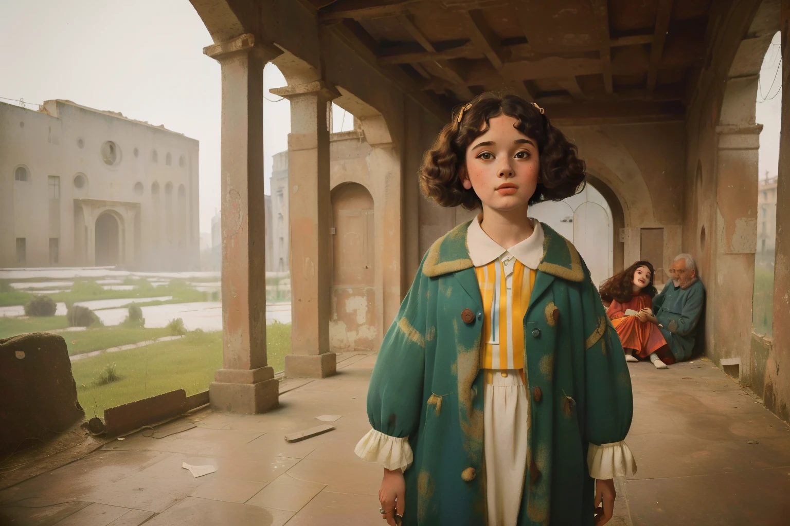 1965, Italy. Pre-raphaelite ((((9-year-old)) Momo)), homeless girl, messy short curly hair, oversized coat, ((happiness expression)), inside a roman anphitheatre, ruins, ((((big and unkempt Clothing from the 1960s)))), ((curly Hairstyle of the 1960s)), ((Wes Anderson cinematic style)), colorful