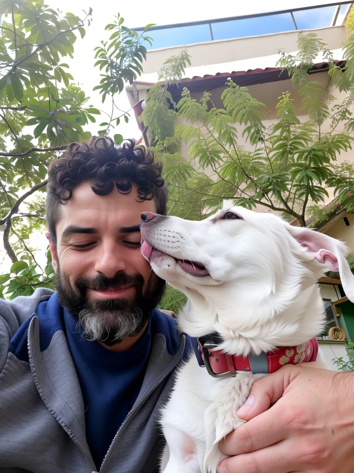 there is a man that is kissing a dog with his mouth, with his hyperactive little dog, selfie of a dog, with stray dogs, greek nose, very very low quality picture, with dogs, profile image, 1614572159, friendly guy and small creature, ghutra and egal, very accurate photo