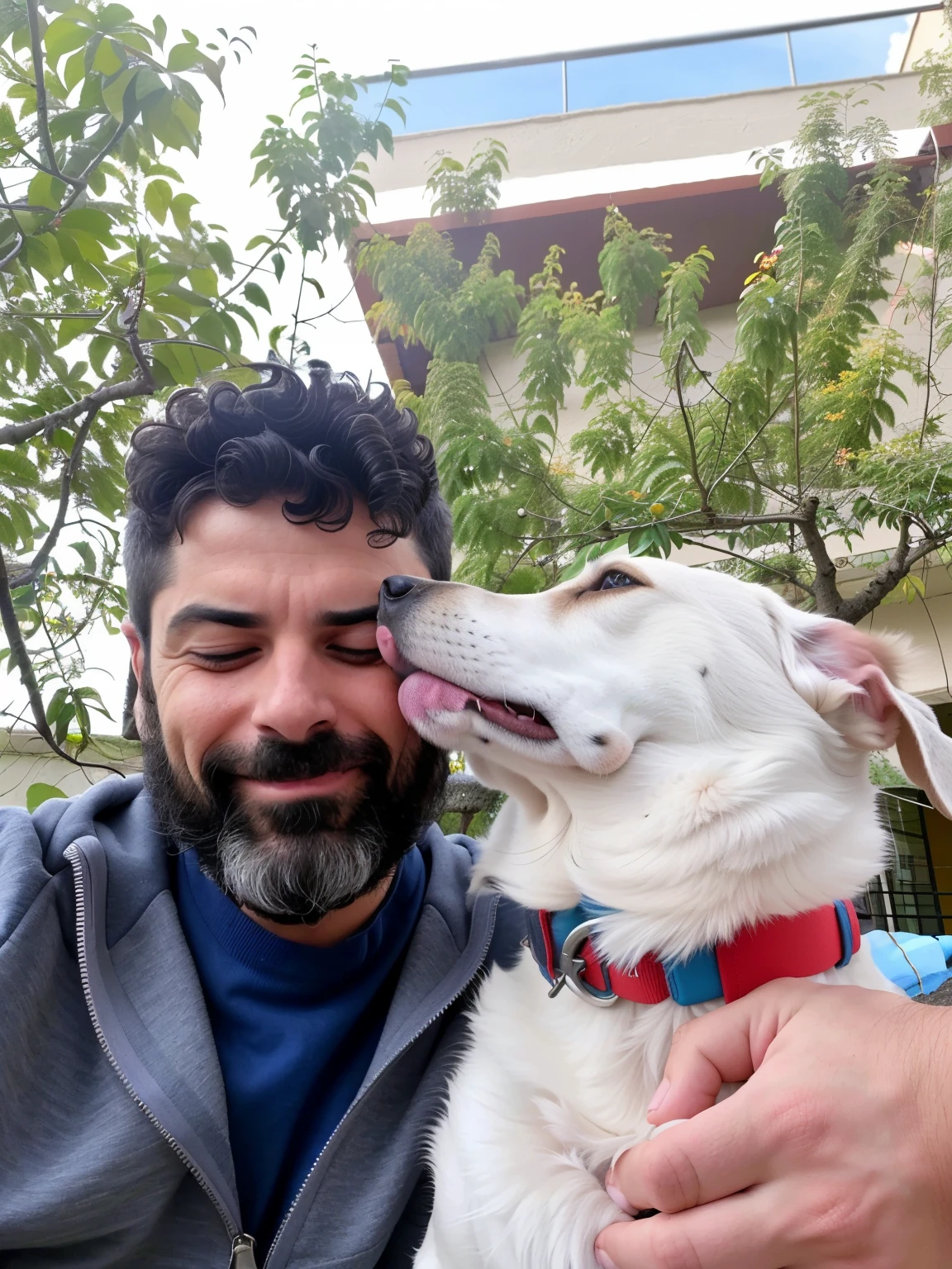 there is a man that is kissing a dog with his mouth, with his hyperactive little dog, selfie of a dog, with stray dogs, greek nose, very very low quality picture, with dogs, profile image, 1614572159, friendly guy and small creature, ghutra and egal, very accurate photo