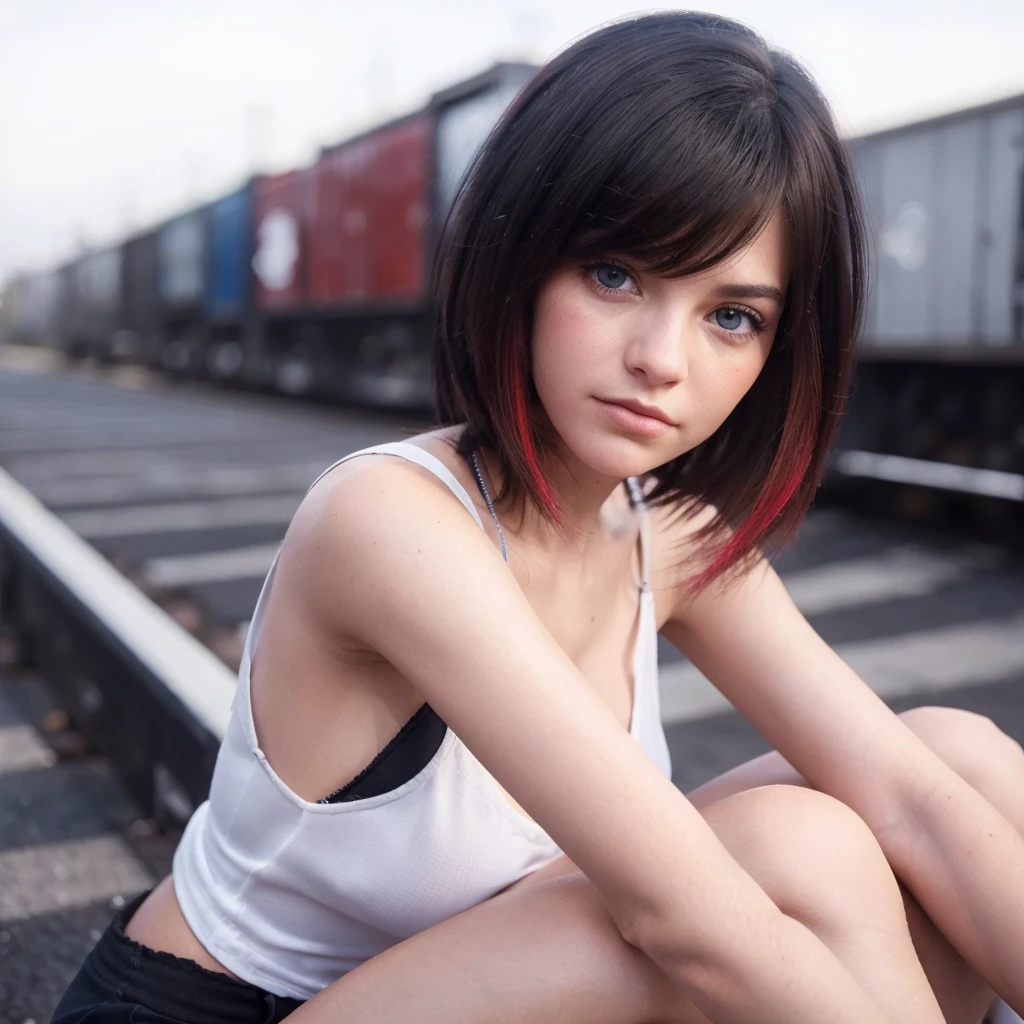 (best quality,Realistic:1.2), ultra-detalhado, , vivid colors, fotorrealista, cabelo preto com pontas vermelhas, serious expression with expressive look
, Olhos azuis claros