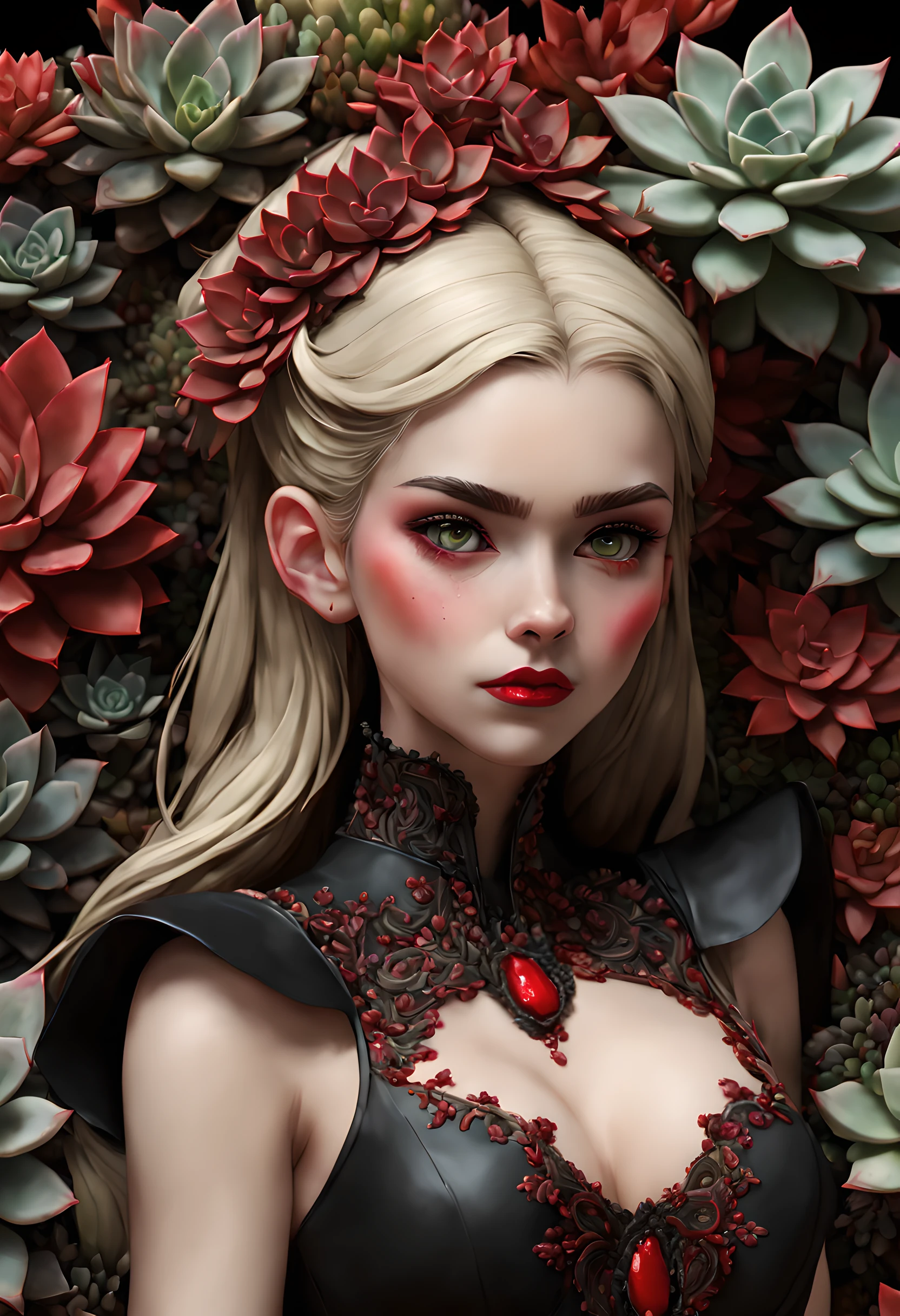 picture of a vampire woman resting in a (black:1.2) and (red:1.2) colored succulents meadow, full body, an exquisite beautiful (ultra detailed, Masterpiece, best quality: 1.4) female vampire woman, dynamic angle (best detailed, Masterpiece, best quality), ultra detailed face (ultra detailed, Masterpiece, best quality), ultra feminine, grey skin, blond hair, wavy hair, dynamic eyes color, cold eyes, glowing eyes, intense eyes, dark red lips, [fangs], wearing white dress, elegant style dress (ultra detailed, Masterpiece, best quality), wearing blue cloak (ultra detailed, Masterpiece, best quality), long cloak, flowing cloak (ultra detailed, Masterpiece, best quality), wearing high heeled boots, resting in (black and red colored succulents meadow: 1.6), succulents dripping blood, full colored, (perfect spectrum: 1.3),( vibrant work: 1.4) vibrant shades of red, and black) moon rising, moon light, its night time, high details, fantasy art, RPG art best quality, 16k, [ultra detailed], masterpiece, best quality, (ultra detailed), full body, ultra wide shot, photorealistic, guild wars