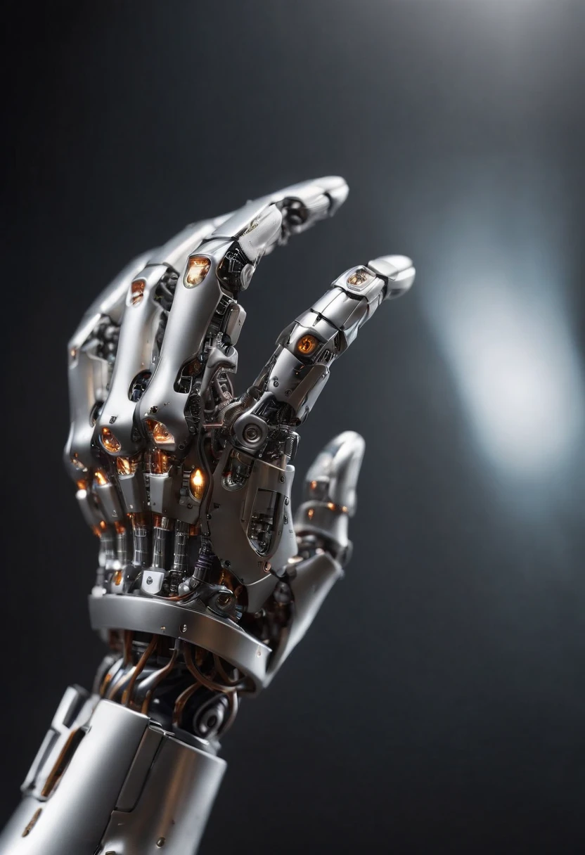 Visualize a captivating image where the subject is a beautiful robotic hand, captured with an exquisite focus on intricate details and a shallow depth of field. Dive into extreme micro-details to emphasize the mechanical intricacies, sleek surfaces, and futuristic design of the robotic hand, set against a backdrop that exudes a sense of advanced technology and innovation.
Highlight the micro-details of the robotic hand, capturing the precision in its construction, the reflective surfaces, and the subtle variations in texture that define its futuristic aesthetics. Zoom in on elements like the play of light on metallic surfaces, the intricate joints, and the small details that contribute to the hand's technological allure.
Emphasize the shallow depth of field to bring the robotic hand into sharp focus while allowing the futuristic background to blur, creating a sense of depth and drawing attention to the advanced details of the subject. Utilize this technique to enhance the visual impact and highlight the contrast between the futuristic hand and its environment.
Consider the lighting to enhance the micro-details, using futuristic lighting sources to create a dynamic and visually appealing composition. Illuminate the robotic hand with a mix of ambient and artificial light, casting shadows that add depth and accentuate the futuristic elements.
Imagine the robotic hand in a graceful pose or engaged in a futuristic activity that adds narrative depth to the image. Craft an intimate yet high-tech scene that not only captures the micro-details of the robotic hand but also evokes a sense of innovation, sophistication, and the merging of human and machine.
This detailed prompt aims to inspire the creation of a highly detailed and macro-focused image featuring a beautiful robotic hand as the subject, with intricate details and a shallow depth of field against a futuristic background, creating a visually compelling and technologically advanced composition.