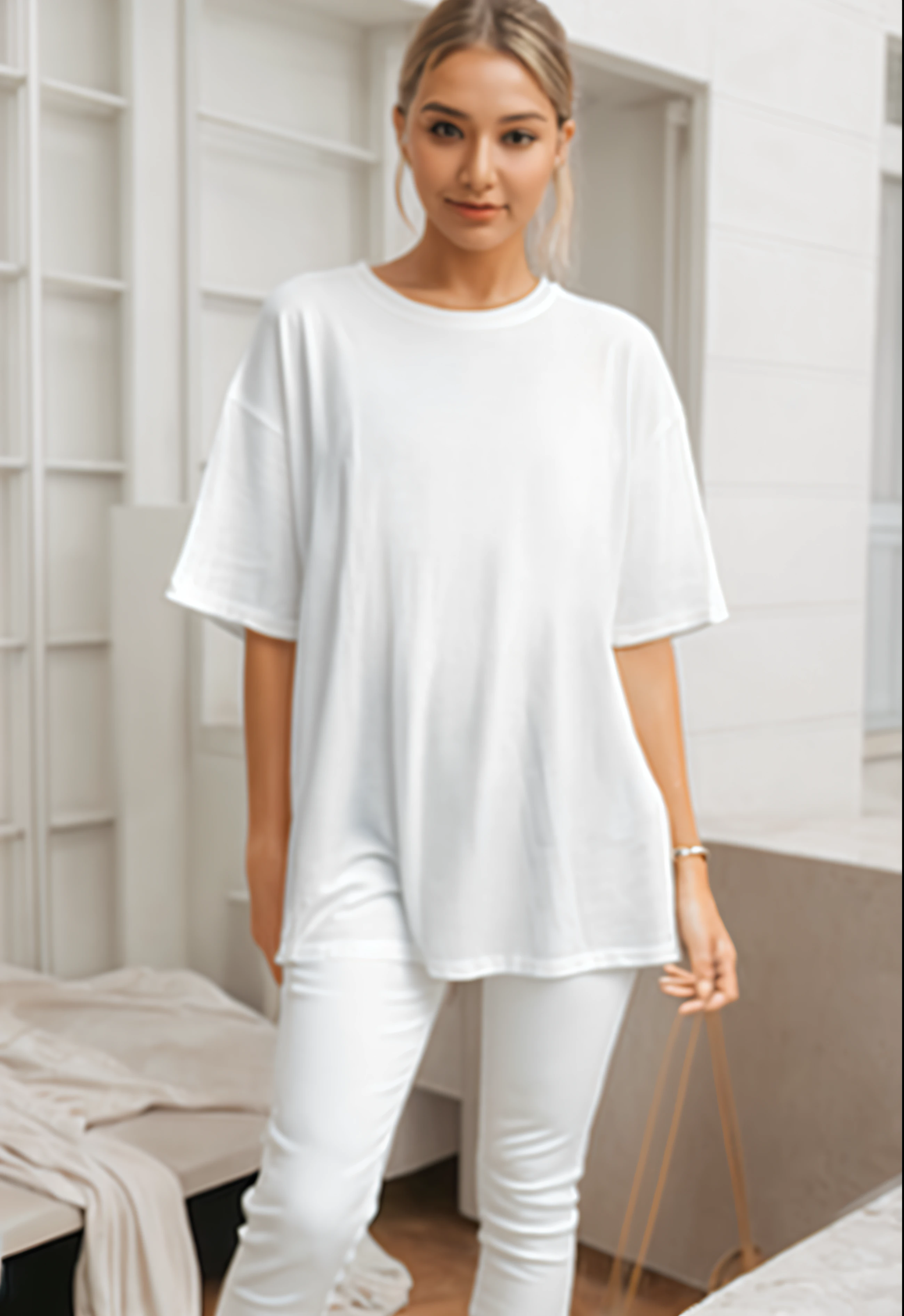 A woman standing in a white room wearing white pants and a white shirt ...