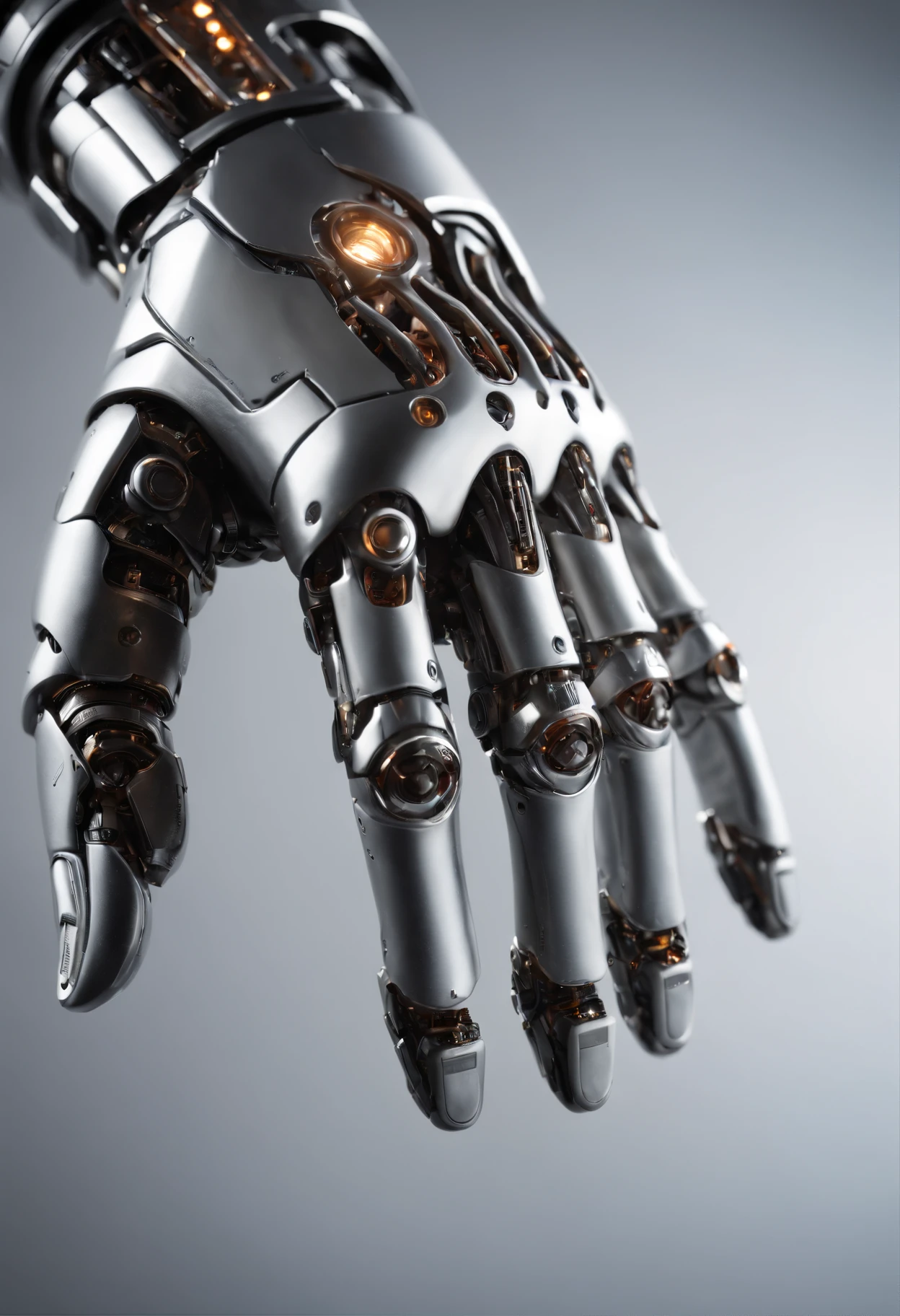 Visualize a captivating image where the subject is a beautiful robotic hand, captured with an exquisite focus on intricate details and a shallow depth of field. Dive into extreme micro-details to emphasize the mechanical intricacies, sleek surfaces, and futuristic design of the robotic hand, set against a backdrop that exudes a sense of advanced technology and innovation.

Highlight the micro-details of the robotic hand, capturing the precision in its construction, the reflective surfaces, and the subtle variations in texture that define its futuristic aesthetics. Zoom in on elements like the play of light on metallic surfaces, the intricate joints, and the small details that contribute to the hand's technological allure.

Emphasize the shallow depth of field to bring the robotic hand into sharp focus while allowing the futuristic background to blur, creating a sense of depth and drawing attention to the advanced details of the subject. Utilize this technique to enhance the visual impact and highlight the contrast between the futuristic hand and its environment.

Consider the lighting to enhance the micro-details, using futuristic lighting sources to create a dynamic and visually appealing composition. Illuminate the robotic hand with a mix of ambient and artificial light, casting shadows that add depth and accentuate the futuristic elements.

Imagine the robotic hand in a graceful pose or engaged in a futuristic activity that adds narrative depth to the image. Craft an intimate yet high-tech scene that not only captures the micro-details of the robotic hand but also evokes a sense of innovation, sophistication, and the merging of human and machine.

This detailed prompt aims to inspire the creation of a highly detailed and macro-focused image featuring a beautiful robotic hand as the subject, with intricate details and a shallow depth of field against a futuristic background, creating a visually compelling and technologically advanced composition.