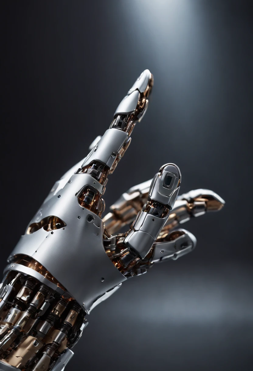 Visualize a captivating image where the subject is a beautiful robotic hand, captured with an exquisite focus on intricate details and a shallow depth of field. Dive into extreme micro-details to emphasize the mechanical intricacies, sleek surfaces, and futuristic design of the robotic hand, set against a backdrop that exudes a sense of advanced technology and innovation.

Highlight the micro-details of the robotic hand, capturing the precision in its construction, the reflective surfaces, and the subtle variations in texture that define its futuristic aesthetics. Zoom in on elements like the play of light on metallic surfaces, the intricate joints, and the small details that contribute to the hand's technological allure.

Emphasize the shallow depth of field to bring the robotic hand into sharp focus while allowing the futuristic background to blur, creating a sense of depth and drawing attention to the advanced details of the subject. Utilize this technique to enhance the visual impact and highlight the contrast between the futuristic hand and its environment.

Consider the lighting to enhance the micro-details, using futuristic lighting sources to create a dynamic and visually appealing composition. Illuminate the robotic hand with a mix of ambient and artificial light, casting shadows that add depth and accentuate the futuristic elements.

Imagine the robotic hand in a graceful pose or engaged in a futuristic activity that adds narrative depth to the image. Craft an intimate yet high-tech scene that not only captures the micro-details of the robotic hand but also evokes a sense of innovation, sophistication, and the merging of human and machine.

This detailed prompt aims to inspire the creation of a highly detailed and macro-focused image featuring a beautiful robotic hand as the subject, with intricate details and a shallow depth of field against a futuristic background, creating a visually compelling and technologically advanced composition.