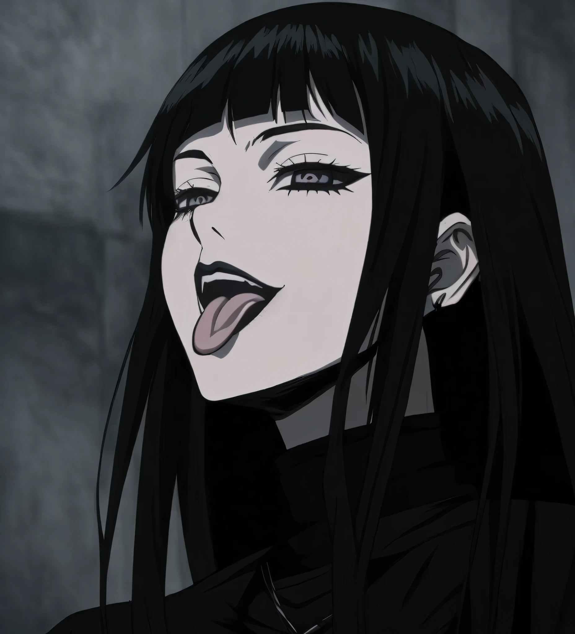 anime girl with long black hair sticking out her tongue, 1 7 - year - old anime goth girl, 1 7 - year - old goth girl, style of junji ito, anime vampires, goth girl, in the anime series ergo proxy, goth girl aesthetic, gothic maiden anime girl, raven black hair, style of madhouse anime, goth woman