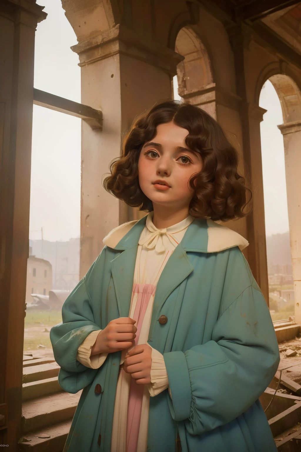 1965, Italy. Pre-raphaelite ((((-yeld)) o)), homeless girl, messy short curly hair, oversized coat, ((happiness expression)), in an anphitheatre, ruins, ((((big and unkempt Clothing from the 1960s)))), ((curly Hairstyle of the 1960s)), ((Wes Anderson cinematic style)), colorful