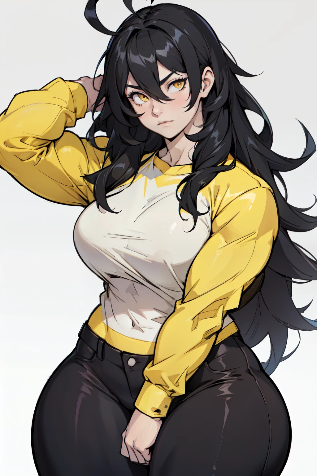 1girl muscular black hair very long hair yellow eyes pale skin angry tight shirt pants thick thighs wide hips perky breasts