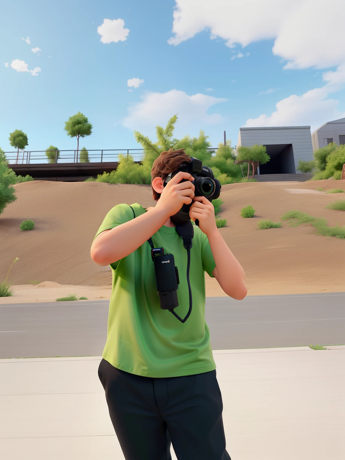 Boy with a green t-shirt and black pants and a camera in his face