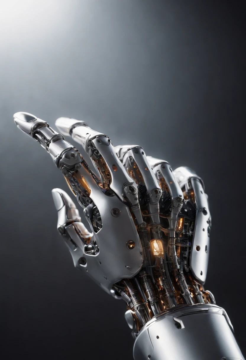 Visualize a captivating image where the subject is a beautiful robotic hand, captured with an exquisite focus on intricate details and a shallow depth of field. Dive into extreme micro-details to emphasize the mechanical intricacies, sleek surfaces, and futuristic design of the robotic hand, set against a backdrop that exudes a sense of advanced technology and innovation.
Highlight the micro-details of the robotic hand, capturing the precision in its construction, the reflective surfaces, and the subtle variations in texture that define its futuristic aesthetics. Zoom in on elements like the play of light on metallic surfaces, the intricate joints, and the small details that contribute to the hand's technological allure.
Emphasize the shallow depth of field to bring the robotic hand into sharp focus while allowing the futuristic background to blur, creating a sense of depth and drawing attention to the advanced details of the subject. Utilize this technique to enhance the visual impact and highlight the contrast between the futuristic hand and its environment.
Consider the lighting to enhance the micro-details, using futuristic lighting sources to create a dynamic and visually appealing composition. Illuminate the robotic hand with a mix of ambient and artificial light, casting shadows that add depth and accentuate the futuristic elements.
Imagine the robotic hand in a graceful pose or engaged in a futuristic activity that adds narrative depth to the image. Craft an intimate yet high-tech scene that not only captures the micro-details of the robotic hand but also evokes a sense of innovation, sophistication, and the merging of human and machine.
This detailed prompt aims to inspire the creation of a highly detailed and macro-focused image featuring a beautiful robotic hand as the subject, with intricate details and a shallow depth of field against a futuristic background, creating a visually compelling and technologically advanced composition.