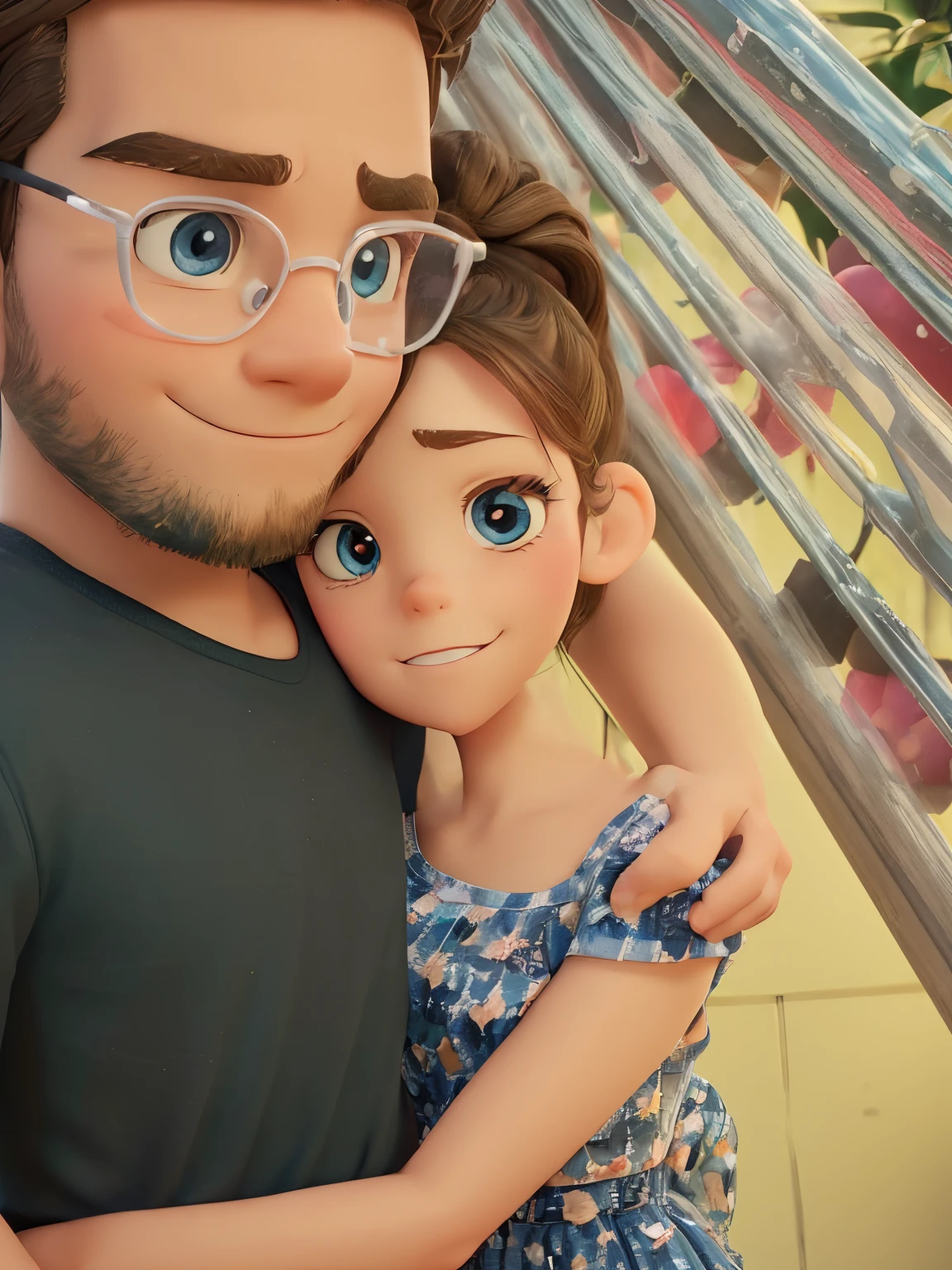 Couple side hugging poster about young very tiny adult white female and young so big boy like gym boy. Girl has crystal blue eyes. boy has brown big eyes and wearing clear spects. Both has black eyebrows. Both has black log knot haris. make it a disney pixer 3d animation