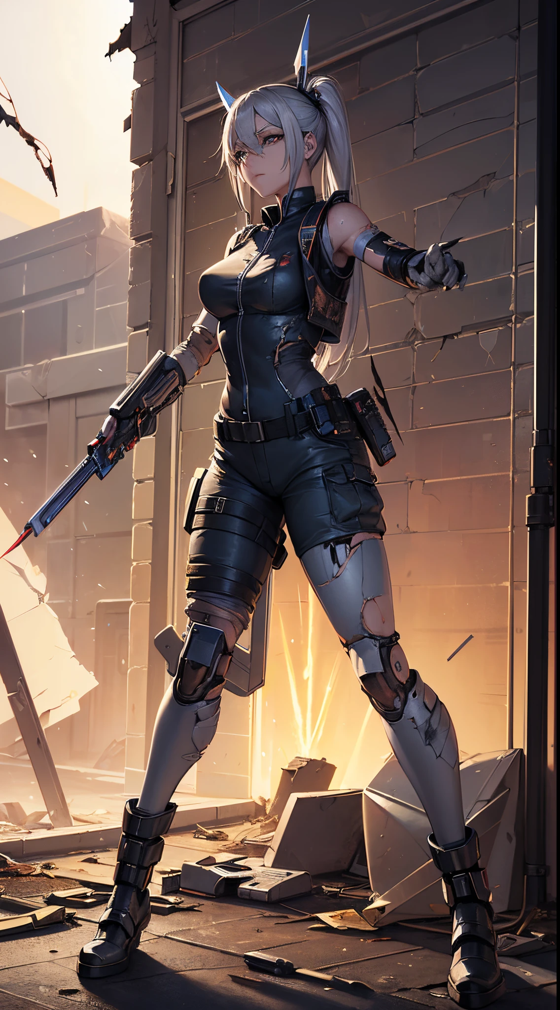 masterpiece, Nikke, goddess of victory character, (battle android model), female character android, (wearing elegant future outfit uniform with straps and accessories, cargo pants, military vest), (holding weapon), action pose, battle damage, (visible (damaged:1.5) electrical (android parts:1.3)), (wallpaper, screensaver)