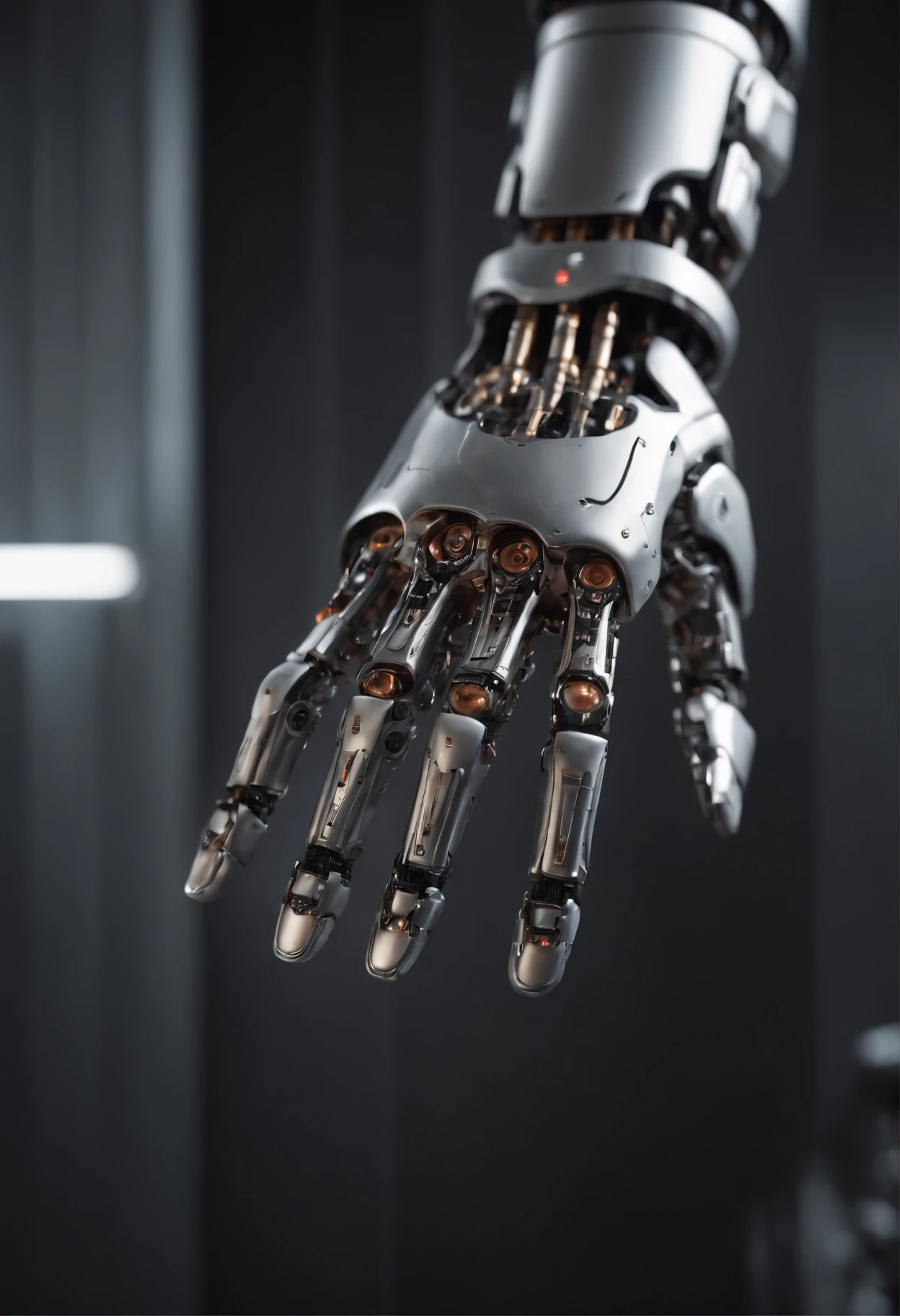Visualize a captivating image where the subject is a beautiful robotic hand, captured with an exquisite focus on intricate details and a shallow depth of field. Dive into extreme micro-details to emphasize the mechanical intricacies, sleek surfaces, and futuristic design of the robotic hand, set against a backdrop that exudes a sense of advanced technology and innovation.
Highlight the micro-details of the robotic hand, capturing the precision in its construction, the reflective surfaces, and the subtle variations in texture that define its futuristic aesthetics. Zoom in on elements like the play of light on metallic surfaces, the intricate joints, and the small details that contribute to the hand's technological allure.
Emphasize the shallow depth of field to bring the robotic hand into sharp focus while allowing the futuristic background to blur, creating a sense of depth and drawing attention to the advanced details of the subject. Utilize this technique to enhance the visual impact and highlight the contrast between the futuristic hand and its environment.
Consider the lighting to enhance the micro-details, using futuristic lighting sources to create a dynamic and visually appealing composition. Illuminate the robotic hand with a mix of ambient and artificial light, casting shadows that add depth and accentuate the futuristic elements.
Imagine the robotic hand in a graceful pose or engaged in a futuristic activity that adds narrative depth to the image. Craft an intimate yet high-tech scene that not only captures the micro-details of the robotic hand but also evokes a sense of innovation, sophistication, and the merging of human and machine.
This detailed prompt aims to inspire the creation of a highly detailed and macro-focused image featuring a beautiful robotic hand as the subject, with intricate details and a shallow depth of field against a futuristic background, creating a visually compelling and technologically advanced composition.