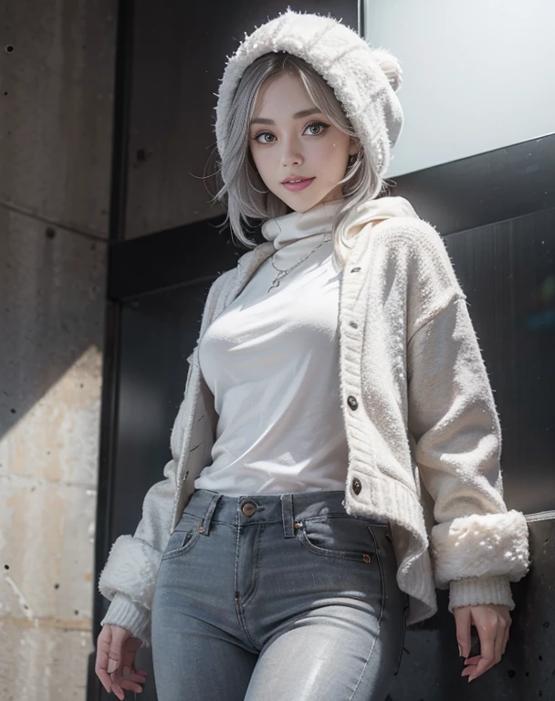 Masterpiece, 8K, photorealistic, ultra realistic, (1girl, solo),
_
the most beautiful, European Gravure idol, 24 years old, 170 cm, (((large breasts:1.2))), (slender waist, toned thighs, toned arms), ((small head, small face:1.2)), diamond Face, small nose, (small mouth), Sharp Faceline,
_
BREAK ((lower BODY:1.2)), (standing, from below:1.4), look at viewer,
_ BREAK ((big eyes, Double eyelid, tareme, droopy eyes):1.3), ((smile, small lips, teeth:1.3)), (mole under eye:1.2), (Perl White teeth), ((gray hair)), short hair, asymmetrical hair, Blue eyes, light makeup, thin eyebrow, shiny skin, detailed skin, detailed face, perfect eyes, detailed eyes, shiny hair,
_
BREAK
(Quilted Puffer Coat with Faux Fur Hood, A knee-length quilted puffer coat in a neutral color like olive or navy, Faux fur-lined hood for added warmth and style, Wear with a chunky knit scarf and knee-high boots for a winter outfit), ((A warm high-neck sweater is worn as an inner layer)), (Black skinny pants), (silver earring, silver bracelet, silver necklace:1.2),
_
BREAK (black and White theme:1.2), Inorganic concrete photo studio, Inorganic concrete, small window, gray concrete block, highly, blur, blur background, front lightning, Cinematic lighting, raw photo,