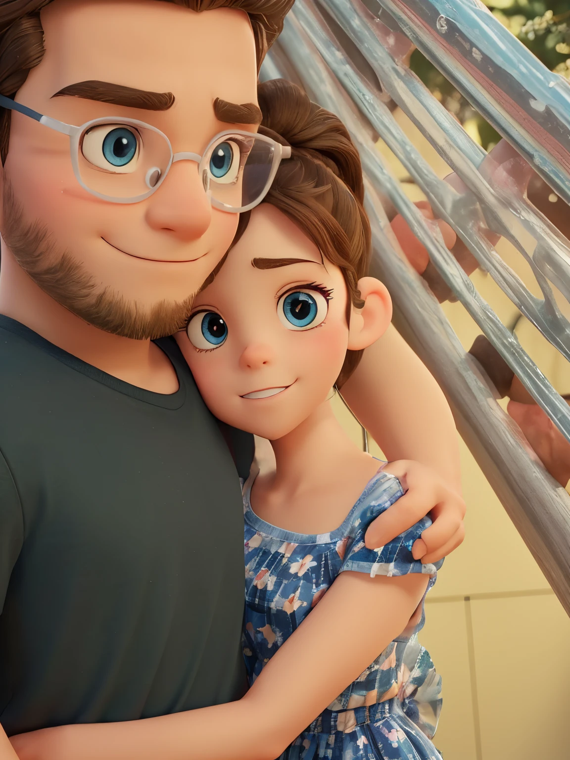 Couple side hugging poster about young very tiny adult white female and young so big boy like gym boy. Girl has crystal blue eyes. boy has brown big eyes and wearing clear spects. Both has black eyebrows. Both has black log knot haris. make it a disney pixer 3d animation