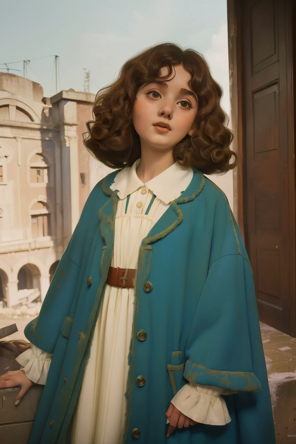 1965, Italy. Pre-raphaelite ((((10-year-old)) Momo)), homeless girl, messy short curly hair, oversized coat, ((happiness expression)), in an anphitheatre, ruins, ((((big and unkempt Clothing from the 1960s)))), ((curly Hairstyle of the 1960s)), ((Wes Anderson cinematic style)), colorful