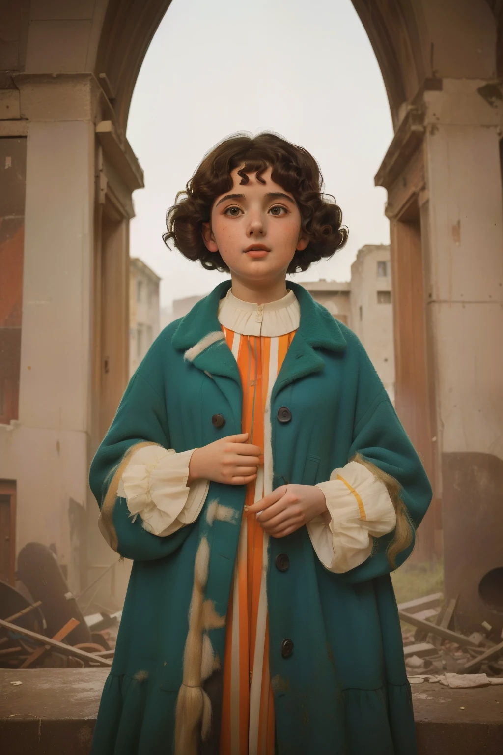 1965, Italy. Pre-raphaelite ((((10-year-old)) Momo)), homeless girl, messy short curly hair, oversized coat, ((happiness expression)), in an anphitheatre, ruins, ((((big and unkempt Clothing from the 1960s)))), ((curly Hairstyle of the 1960s)), ((Wes Anderson cinematic style)), colorful