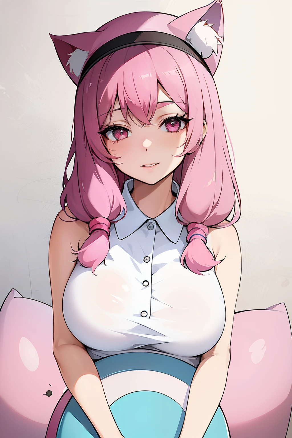 cute girl, with pink hair, wearing a modern flat hat with rounded white edges, Round hat, white hat, Short hair, round doll-like eyes, adult girl, Drawing eyes is better, beautiful eyes, fine eye details, sexy body, The girl has big and sexy breasts, Round eyes, sexy,Cat ears, cat collar, cat tail