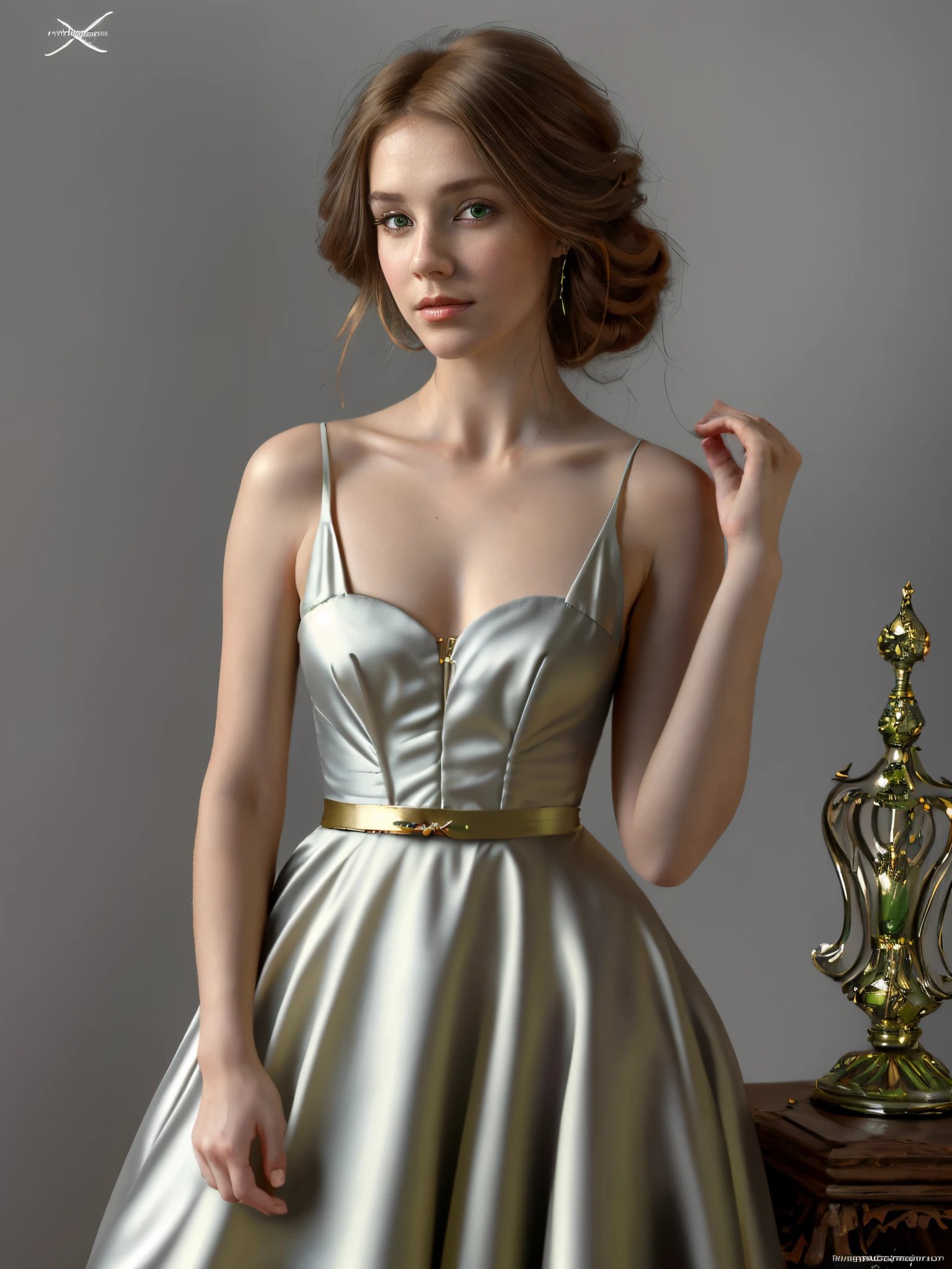 Oil portrait of a beautiful young woman, russet hair, green eyes, very beautiful face, correct geometry, 18th century era, waist-length portrait, hands near the chest, beautiful hands, beautiful fingers, gentle image, light colours, silver-grey dress, trending on artstation, style by Vladimir Volegov, Greg Rutkowski