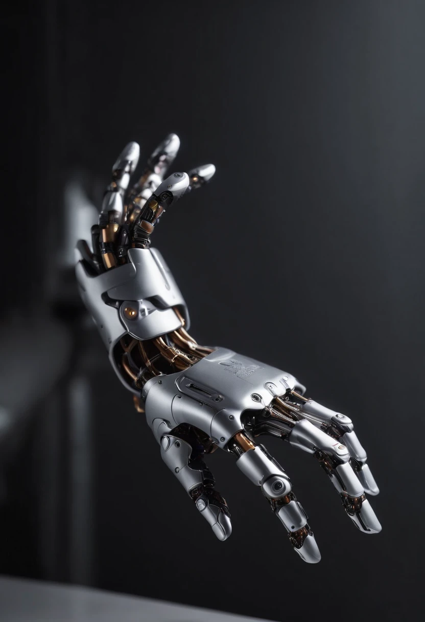 Visualize a captivating image where the subject is a beautiful robotic hand, captured with an exquisite focus on intricate details and a shallow depth of field. Dive into extreme micro-details to emphasize the mechanical intricacies, sleek surfaces, and futuristic design of the robotic hand, set against a backdrop that exudes a sense of advanced technology and innovation.

Highlight the micro-details of the robotic hand, capturing the precision in its construction, the reflective surfaces, and the subtle variations in texture that define its futuristic aesthetics. Zoom in on elements like the play of light on metallic surfaces, the intricate joints, and the small details that contribute to the hand's technological allure.

Emphasize the shallow depth of field to bring the robotic hand into sharp focus while allowing the futuristic background to blur, creating a sense of depth and drawing attention to the advanced details of the subject. Utilize this technique to enhance the visual impact and highlight the contrast between the futuristic hand and its environment.

Consider the lighting to enhance the micro-details, using futuristic lighting sources to create a dynamic and visually appealing composition. Illuminate the robotic hand with a mix of ambient and artificial light, casting shadows that add depth and accentuate the futuristic elements.

Imagine the robotic hand in a graceful pose or engaged in a futuristic activity that adds narrative depth to the image. Craft an intimate yet high-tech scene that not only captures the micro-details of the robotic hand but also evokes a sense of innovation, sophistication, and the merging of human and machine.

This detailed prompt aims to inspire the creation of a highly detailed and macro-focused image featuring a beautiful robotic hand as the subject, with intricate details and a shallow depth of field against a futuristic background, creating a visually compelling and technologically advanced composition.
