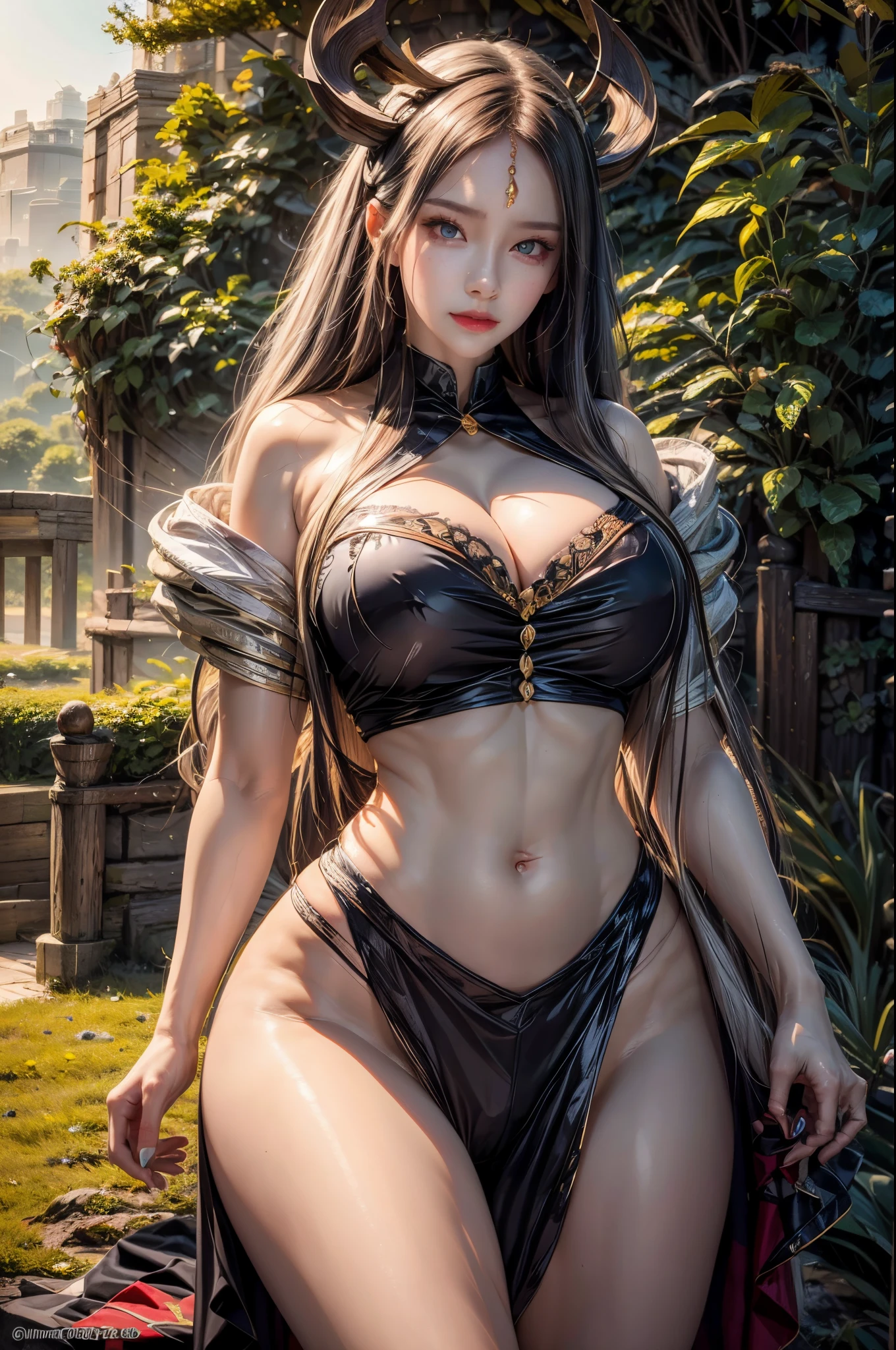 realistic, 1 women, best quality, 12k, HD, long hair, big round breasts, cleavage, ponytail, necklace, jewelry, shorts, short jacket, slim hips, hair tie, yellow eyes, black hair, super detailed, Eye details, hair details, person details, mouth details, face details, breast details, clothes details, hair details, pants details, hand details, whole body
