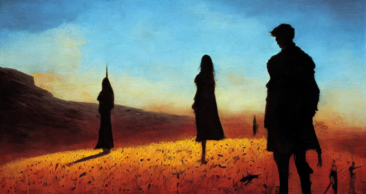 painting of a group of people standing on a hill with a sky background, Dave McKean pinga tinta, Estilo de Dave McKean, dramatic artwork, Por Dave McKean, na captura de tela do filme 300, Sangue e soldados mortos, Inspired by Beksinski, cinemactic. Pintura de Beksinski, Beksinski impasto pintura