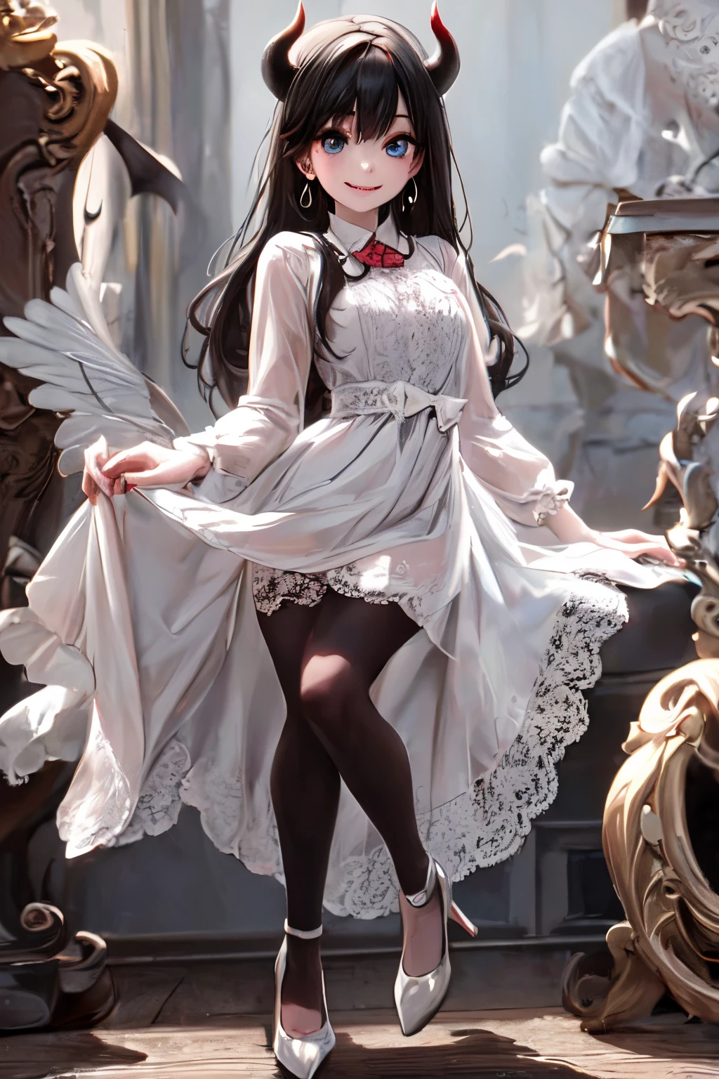 a (horned demon girl) smiling, wearing a lace cloth dress, black hair, red smokey eyes makeup, hair bow, tights, pumps, choke, earrings, dramatic magic floating pose, (full body),