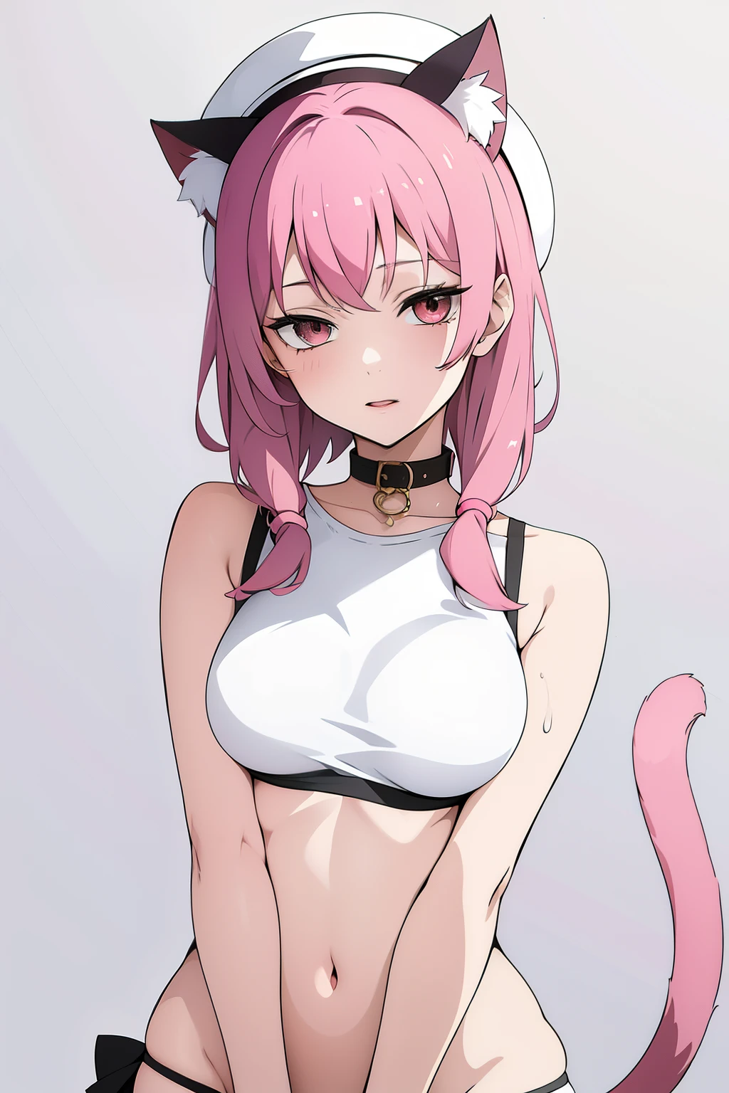 cute girl, with pink hair, wearing a modern flat hat with rounded white edges, Round hat, white hat, Short hair, round doll-like eyes, adult girl, Drawing eyes is better, beautiful eyes, fine eye details, sexy body, The girl has big and sexy breasts, Round eyes, sexy,Cat ears, cat collar, cat tail