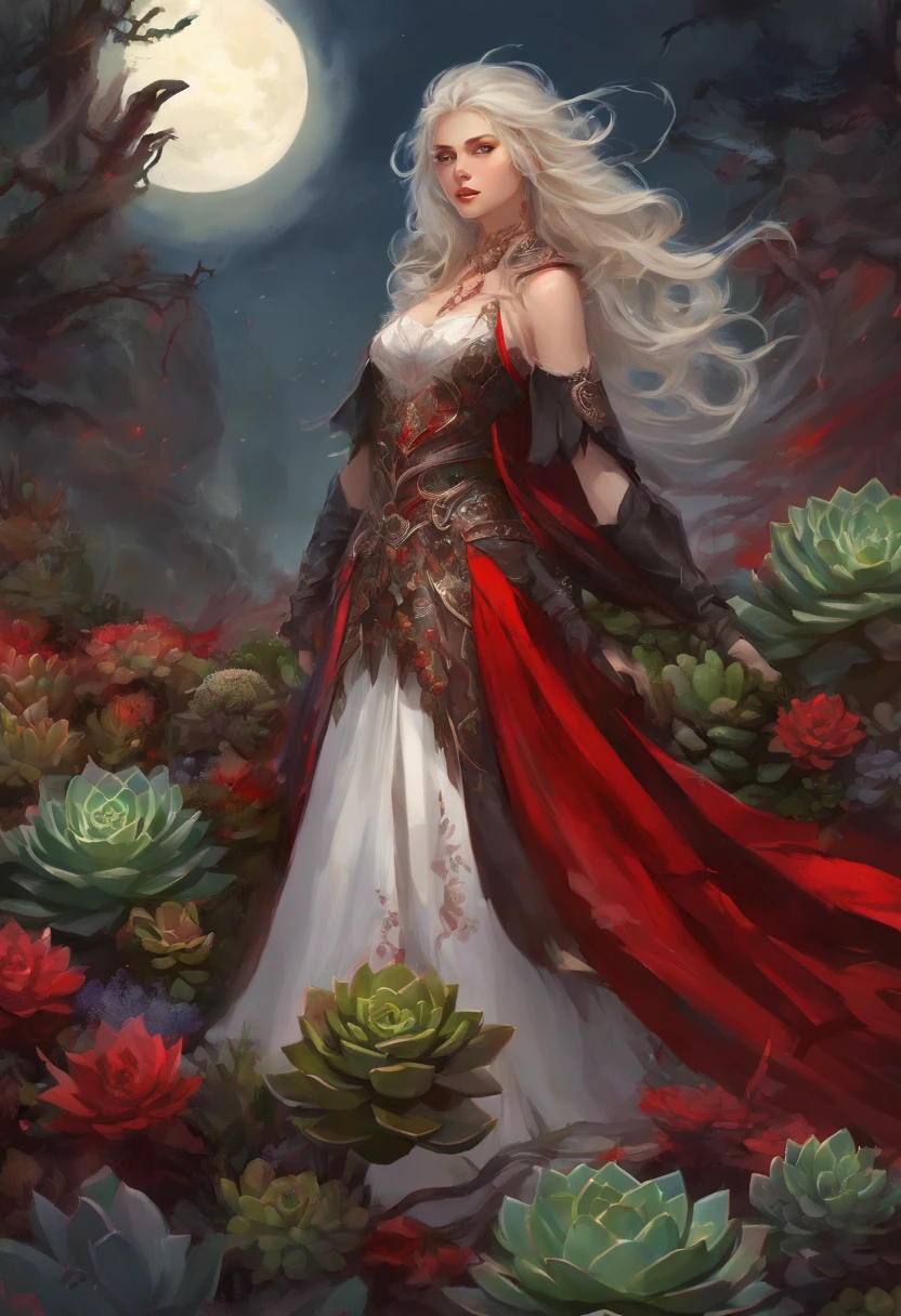 picture of a vampire woman resting in a (black:1.2) and (red:1.2) colored succulents meadow, full body, an exquisite beautiful (ultra detailed, Masterpiece, best quality: 1.4) female vampire woman, dynamic angle (best detailed, Masterpiece, best quality), ultra detailed face (ultra detailed, Masterpiece, best quality), ultra feminine, grey skin, blond hair, wavy hair, dynamic eyes color, cold eyes, glowing eyes, intense eyes, dark red lips, [fangs], wearing white dress, elegant style dress (ultra detailed, Masterpiece, best quality), wearing blue cloak (ultra detailed, Masterpiece, best quality), long cloak, flowing cloak (ultra detailed, Masterpiece, best quality), wearing high heeled boots, resting in (black and red colored succulents meadow: 1.6), succulents dripping blood, full colored, (perfect spectrum: 1.3),( vibrant work: 1.4) vibrant shades of red, and black) moon rising, moon light, its night time, high details, fantasy art, RPG art best quality, 16k, [ultra detailed], masterpiece, best quality, (ultra detailed), full body, ultra wide shot, photorealistic, guild wars