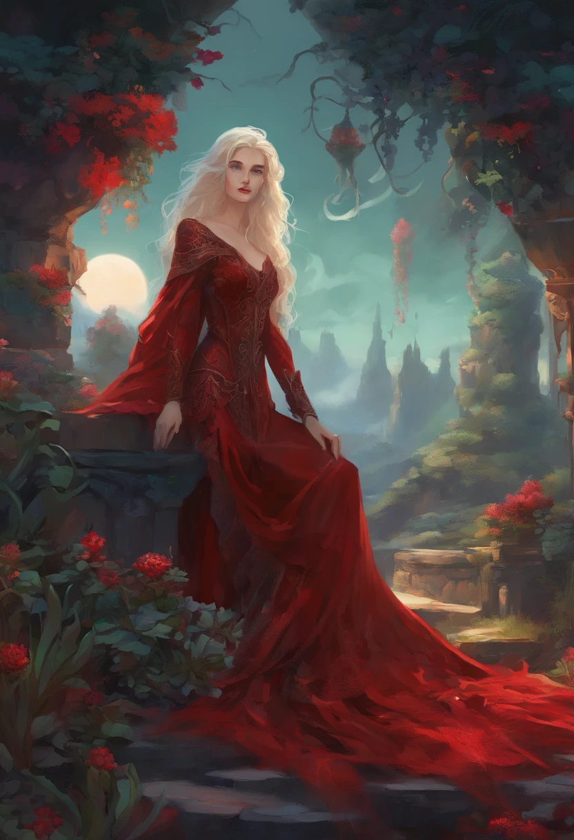 picture of a vampire woman resting in a (black:1.2) and (red:1.2) colored succulents meadow, full body, an exquisite beautiful (ultra detailed, Masterpiece, best quality: 1.4) female vampire woman, dynamic angle (best detailed, Masterpiece, best quality), ultra detailed face (ultra detailed, Masterpiece, best quality), ultra feminine, grey skin, blond hair, wavy hair, dynamic eyes color, cold eyes, glowing eyes, intense eyes, dark red lips, [fangs], wearing white dress, elegant style dress (ultra detailed, Masterpiece, best quality), wearing blue cloak (ultra detailed, Masterpiece, best quality), long cloak, flowing cloak (ultra detailed, Masterpiece, best quality), wearing high heeled boots, resting in (black and red colored succulents meadow: 1.6), succulents dripping blood, full colored, (perfect spectrum: 1.3),( vibrant work: 1.4) vibrant shades of red, and black) moon rising, moon light, its night time, high details, fantasy art, RPG art best quality, 16k, [ultra detailed], masterpiece, best quality, (ultra detailed), full body, ultra wide shot, photorealistic, guild wars