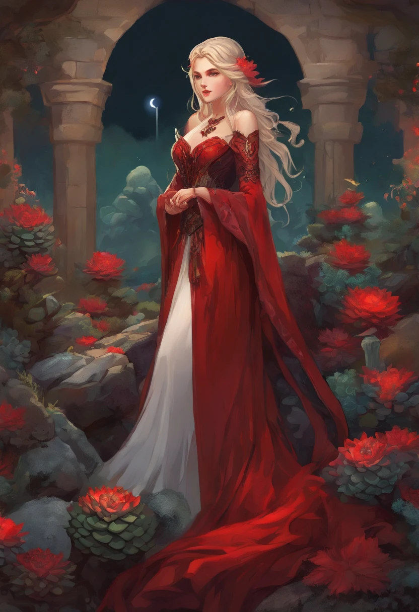 picture of a vampire woman resting in a (black:1.2) and (red:1.2) colored succulents meadow, full body, an exquisite beautiful (ultra detailed, Masterpiece, best quality: 1.4) female vampire woman, dynamic angle (best detailed, Masterpiece, best quality), ultra detailed face (ultra detailed, Masterpiece, best quality), ultra feminine, grey skin, blond hair, wavy hair, dynamic eyes color, cold eyes, glowing eyes, intense eyes, dark red lips, [fangs], wearing white dress, elegant style dress (ultra detailed, Masterpiece, best quality), wearing blue cloak (ultra detailed, Masterpiece, best quality), long cloak, flowing cloak (ultra detailed, Masterpiece, best quality), wearing high heeled boots, resting in (black and red colored succulents meadow: 1.6), succulents dripping blood, full colored, (perfect spectrum: 1.3),( vibrant work: 1.4) vibrant shades of red, and black) moon rising, moon light, its night time, high details, fantasy art, RPG art best quality, 16k, [ultra detailed], masterpiece, best quality, (ultra detailed), full body, ultra wide shot, photorealistic, guild wars