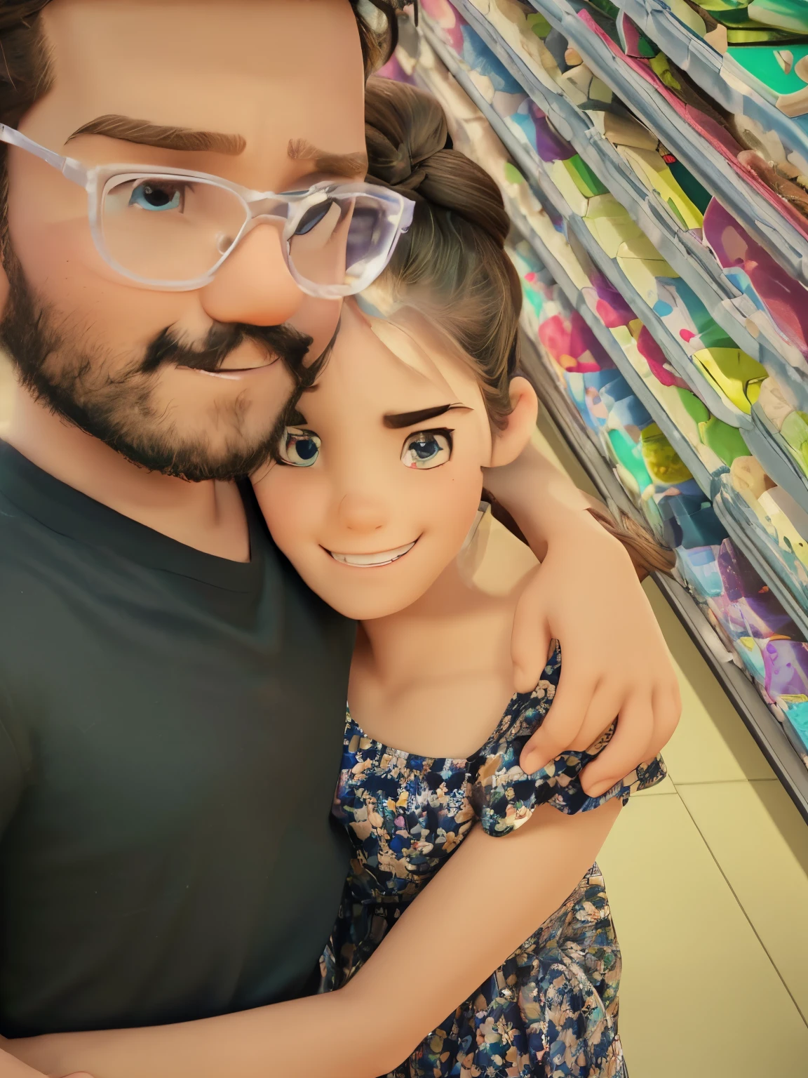 Couple side hugging poster about young very tiny adult white female and young so big boy like gym boy. Girl has crystal blue eyes. boy has brown eyes and wearing clear spects. Both has black eyebrows. Both has black log knot haris. boy wearing black shirt . Girl wearing purple frock make it a disney pixer 3d animation