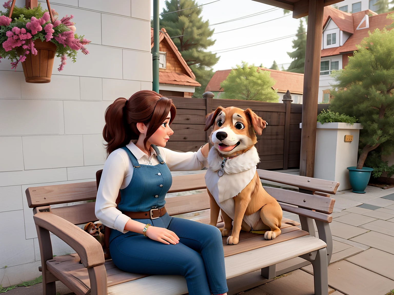 woman sitting on a bench with a dog on it, with dogs